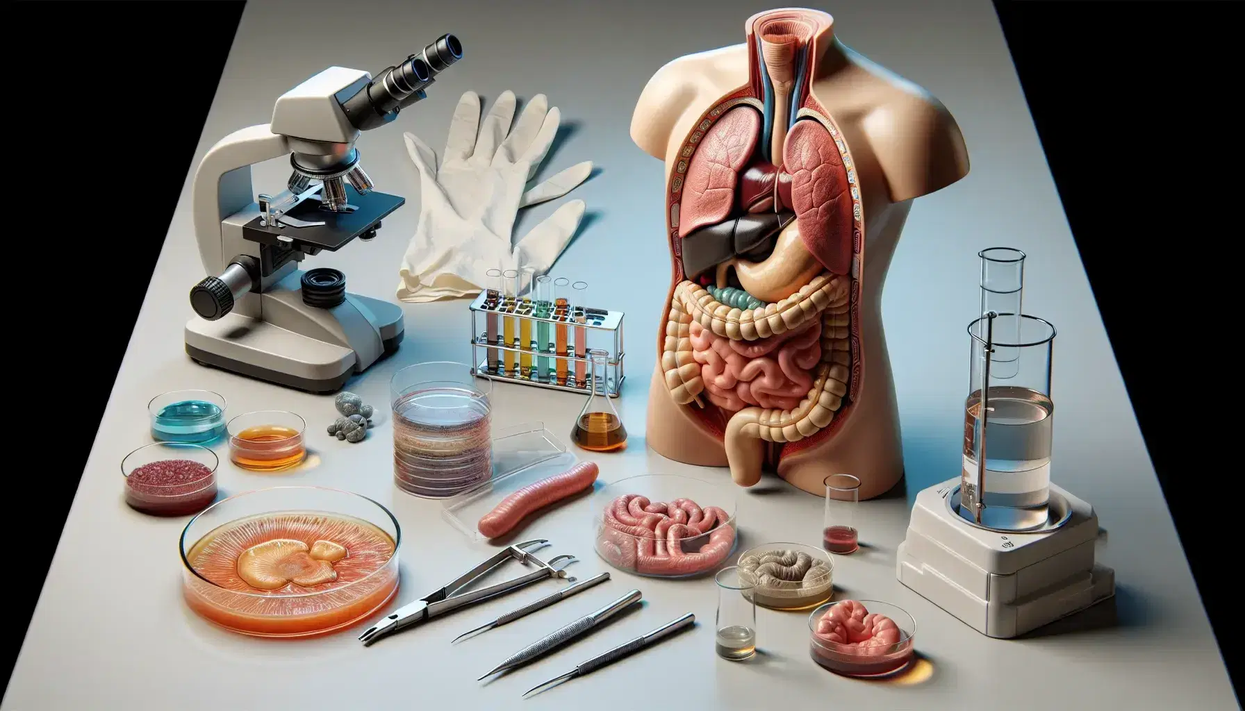 Modelo anatómico del sistema digestivo humano con órganos visibles, microscopio, portaobjetos, pinzas, placa de Petri, guantes y tubos de ensayo en laboratorio.