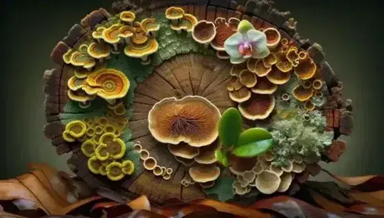 Sezione trasversale di tronco d'albero con licheni colorati, piccola orchidea bianca e rosa e gruppo di funghi su foglie morte.