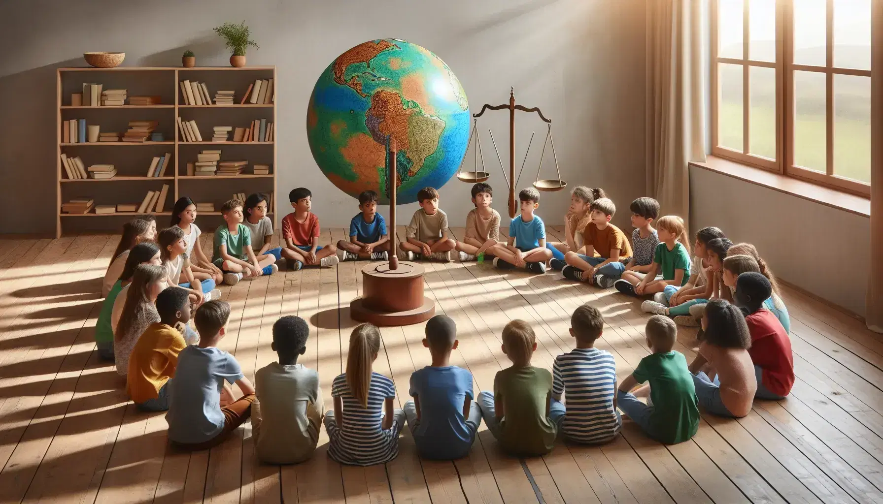 Niños de diversas etnias sentados en semicírculo atentos a una lección con un globo terráqueo colorido y una balanza de madera en el centro, en un aula iluminada naturalmente.