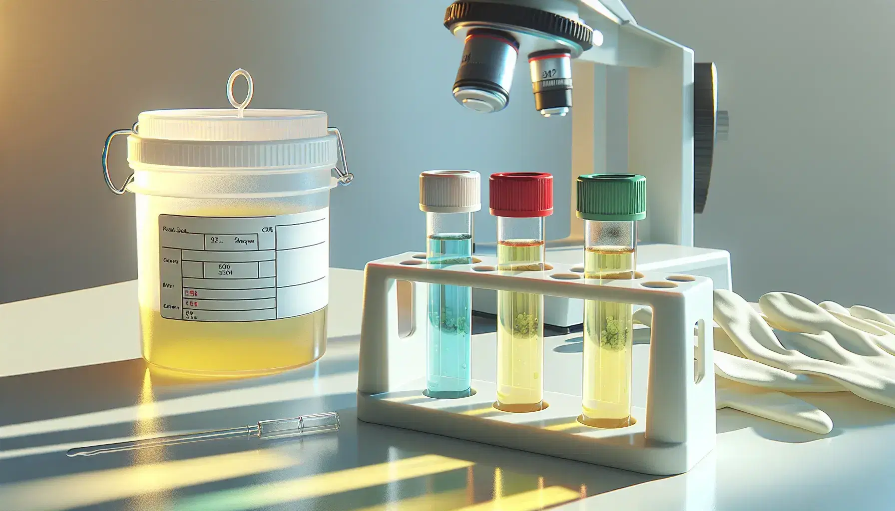 Mesa de laboratorio con tubos de ensayo en gradilla y líquido amarillo, recipiente de recolección de orina y guantes de látex, con microscopio al fondo.