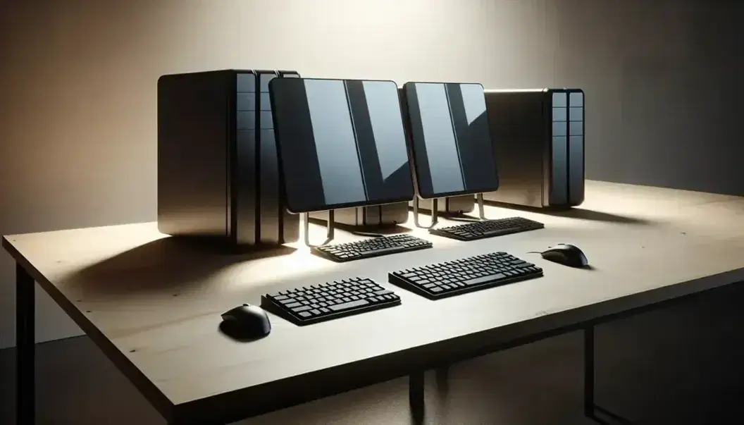 Tres ordenadores de escritorio modernos con monitores delgados, torres negras y accesorios en mesa clara, reflejando un ambiente profesional y tecnológico.