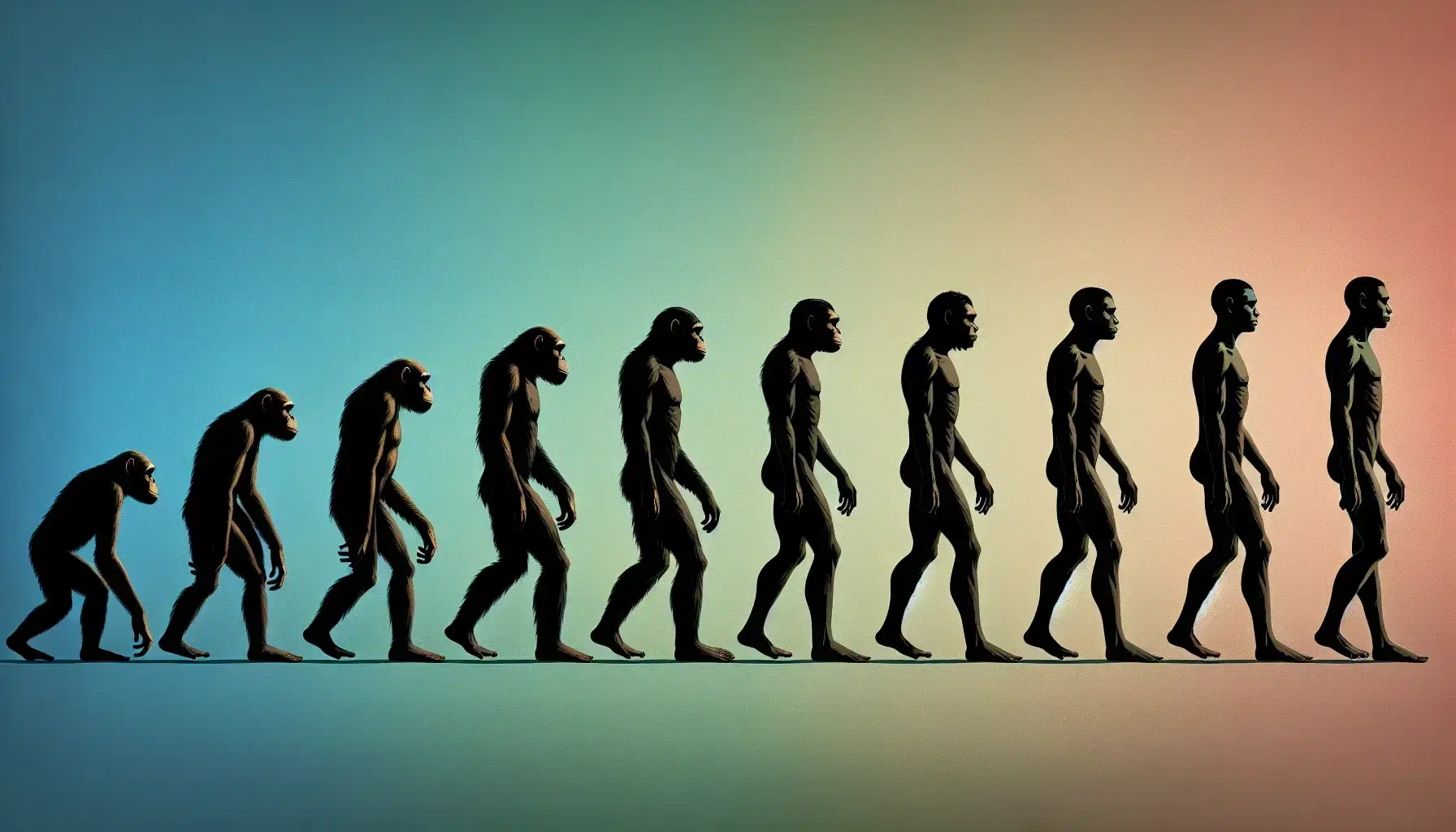 Secuencia evolutiva de homínidos en siluetas que muestran la transición de simio a humano moderno, con cambios posturales y corporales en fondo degradado azul-verde.
