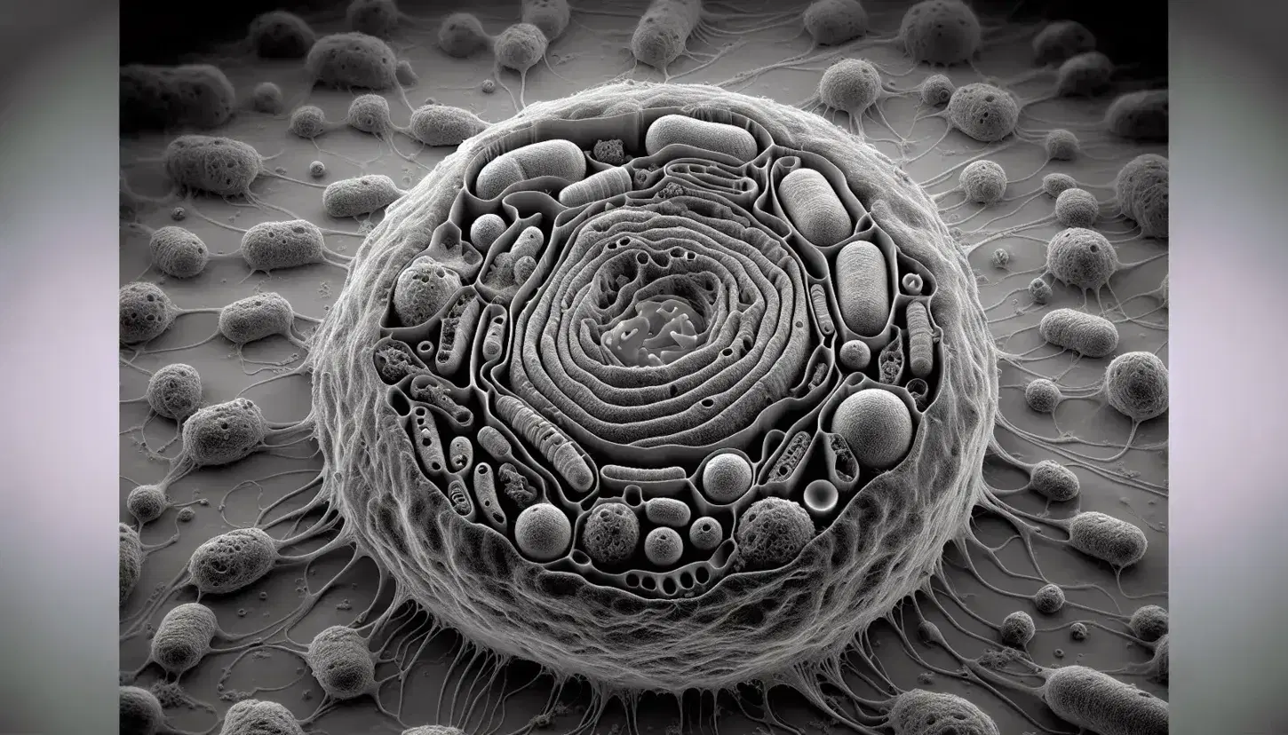 Vista microscópica de célula eucariota con núcleo, cromatina, nucleolo, mitocondrias, lisosomas, retículo endoplásmico, citoesqueleto y membrana plasmática.