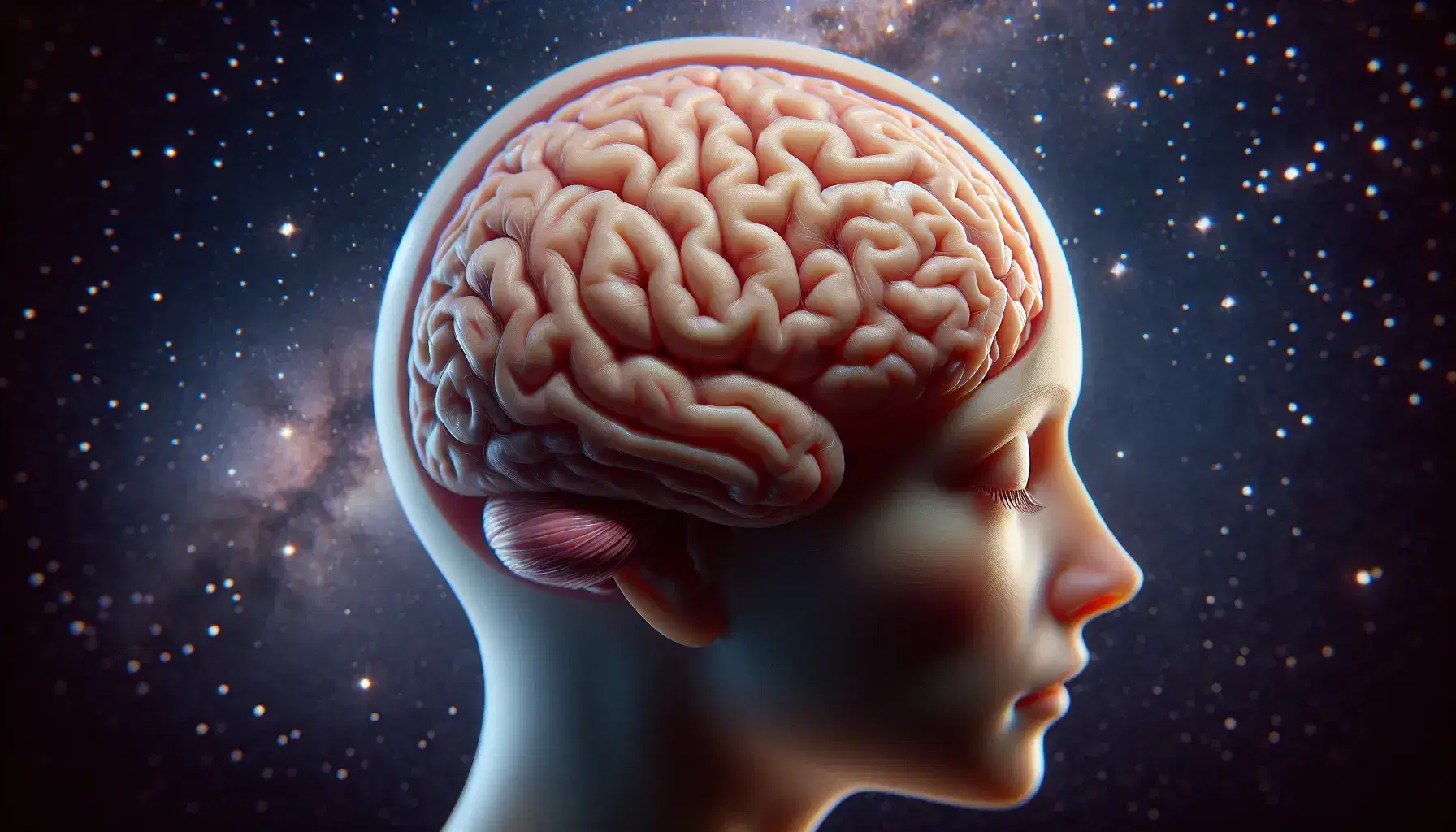 Human brain in side view with detailed sulci and gyri on starry night background and translucent closed eyes in foreground.