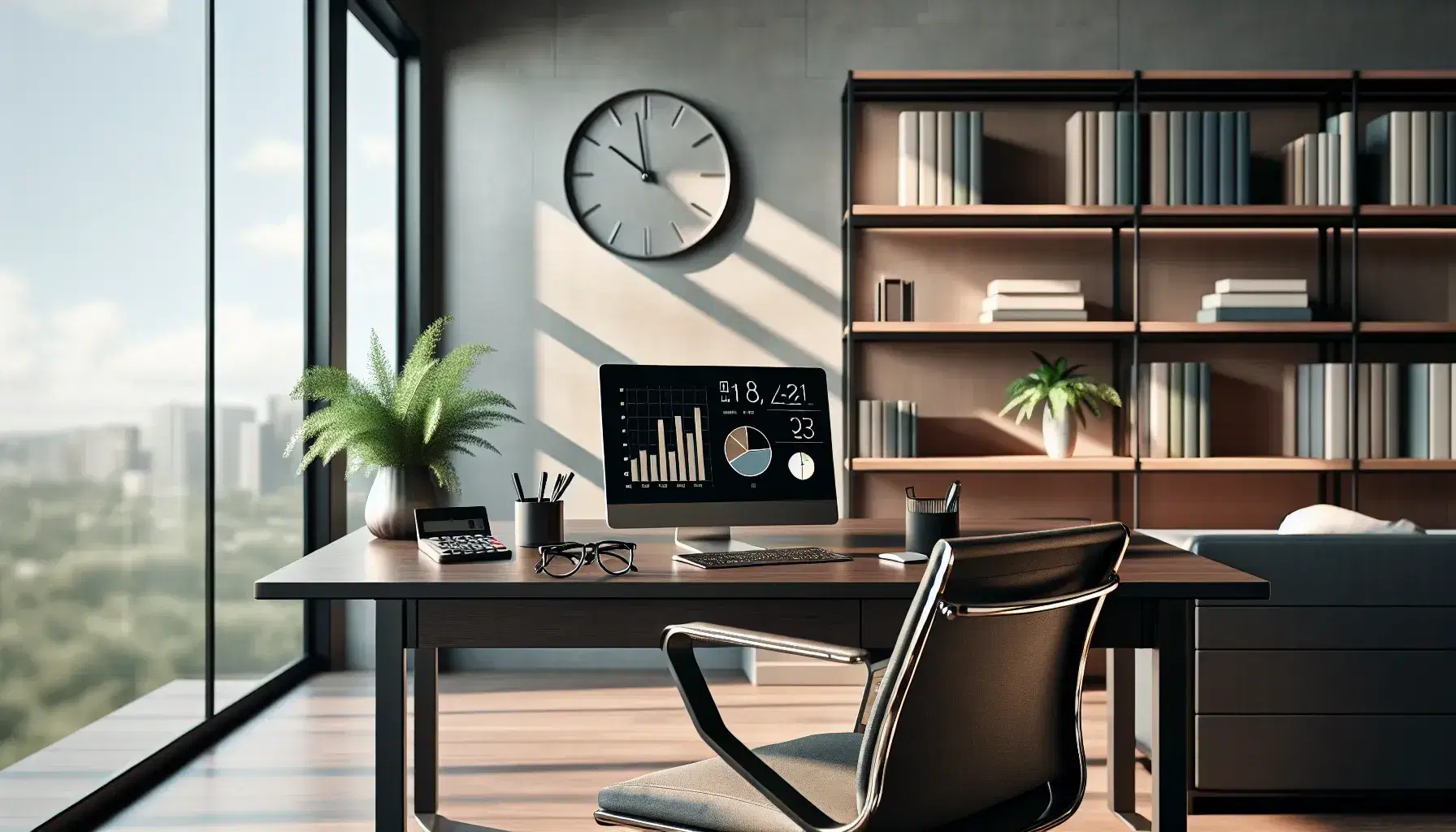 Oficina moderna iluminada con grandes ventanas, escritorio de madera con laptop y calculadora, silla ergonómica y estantería con libros.