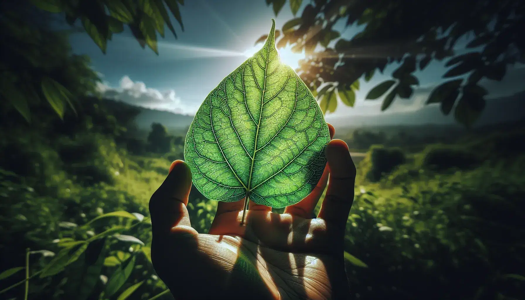 Hoja verde vibrante sostenida por una mano con venas visibles y superficie rugosa, iluminada por el sol contra un cielo azul despejado.