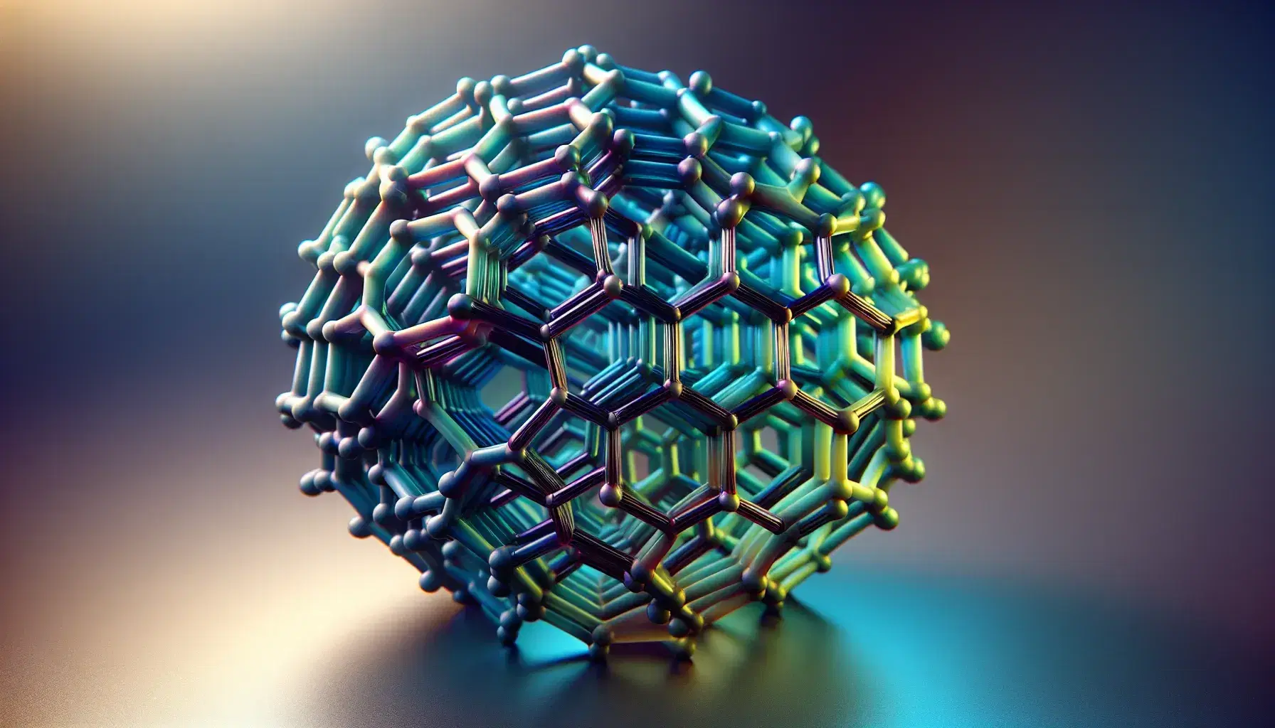 Chrysene-like three-dimensional crystalline structure with fused benzene rings and changing colors on a reflective surface, without shadows.