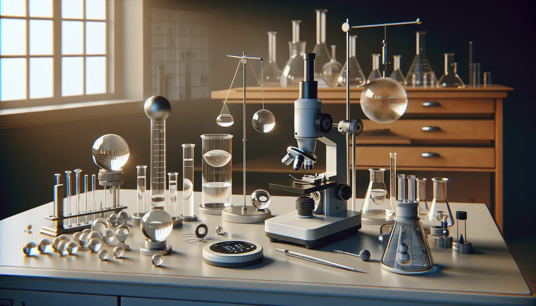 Escena de laboratorio de física con microscopio, lentes ópticas, balanza digital y péndulo simple sobre mesa, y estante con frascos de líquidos y equipo de seguridad al fondo.