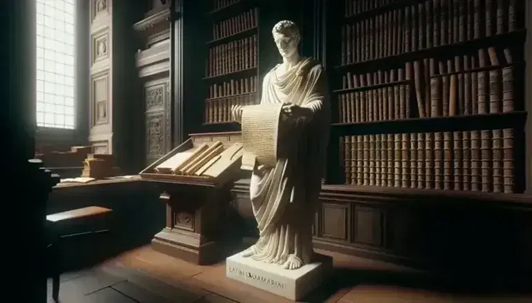 Statua in marmo di grammatico latino con toga e papiro in biblioteca antica, tra scaffali in legno e libri rilegati.