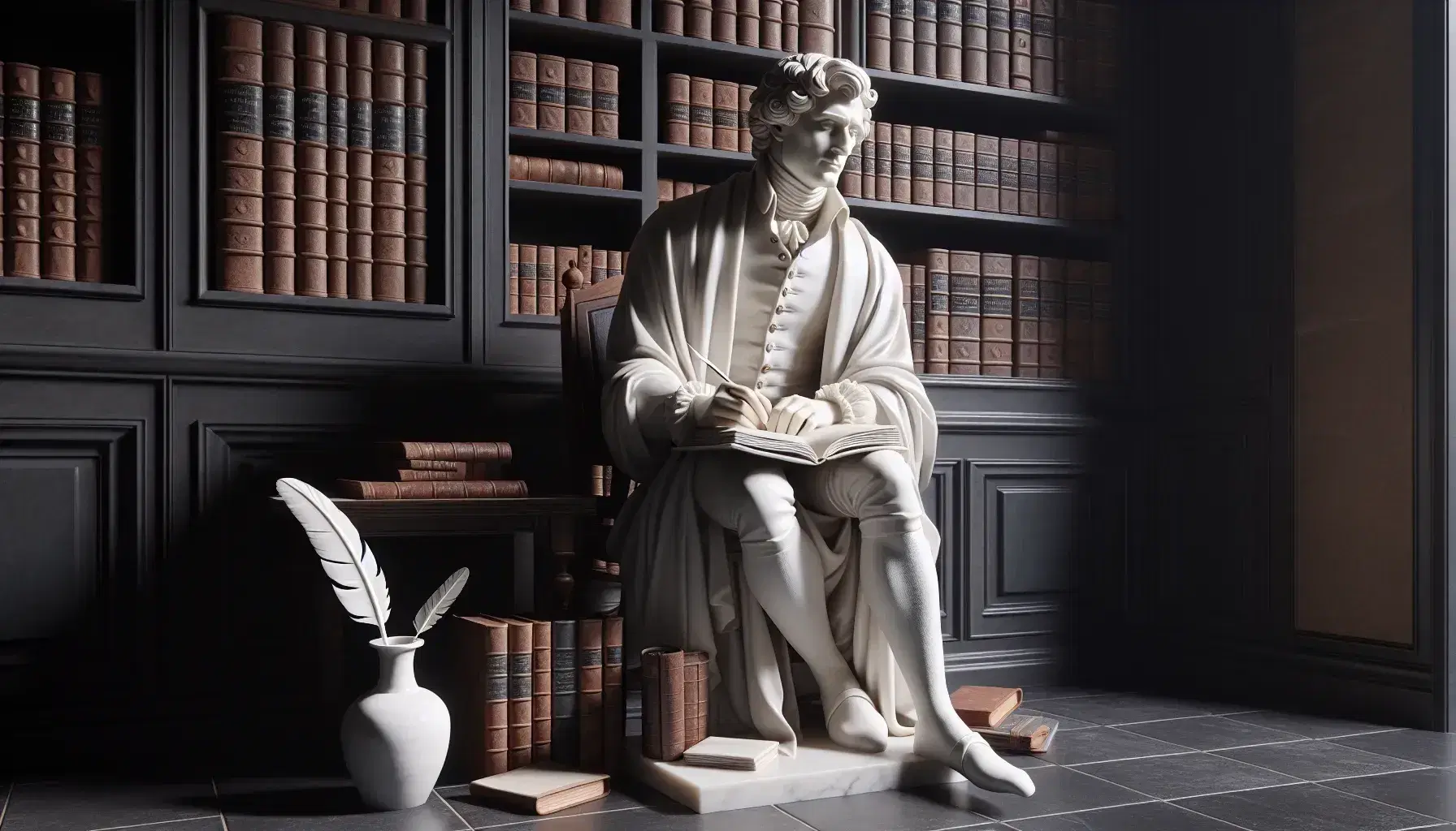 Statua marmorea di filosofo settecentesco seduto su panchina in legno scuro con libro aperto in grembo, penna e calamaio ai piedi, sfondo di libreria.