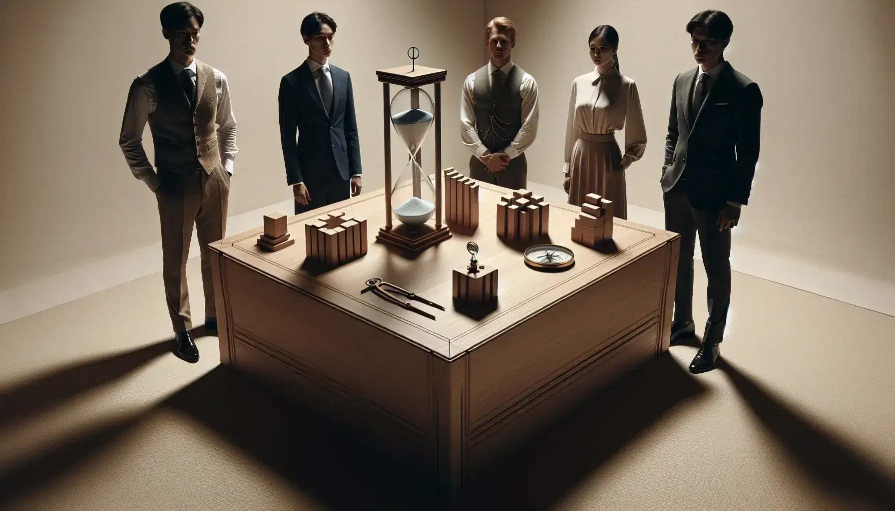 Grupo de cinco profesionales alrededor de una mesa de madera con un reloj de arena, brújula y bloques geométricos, en ambiente formal y serio.