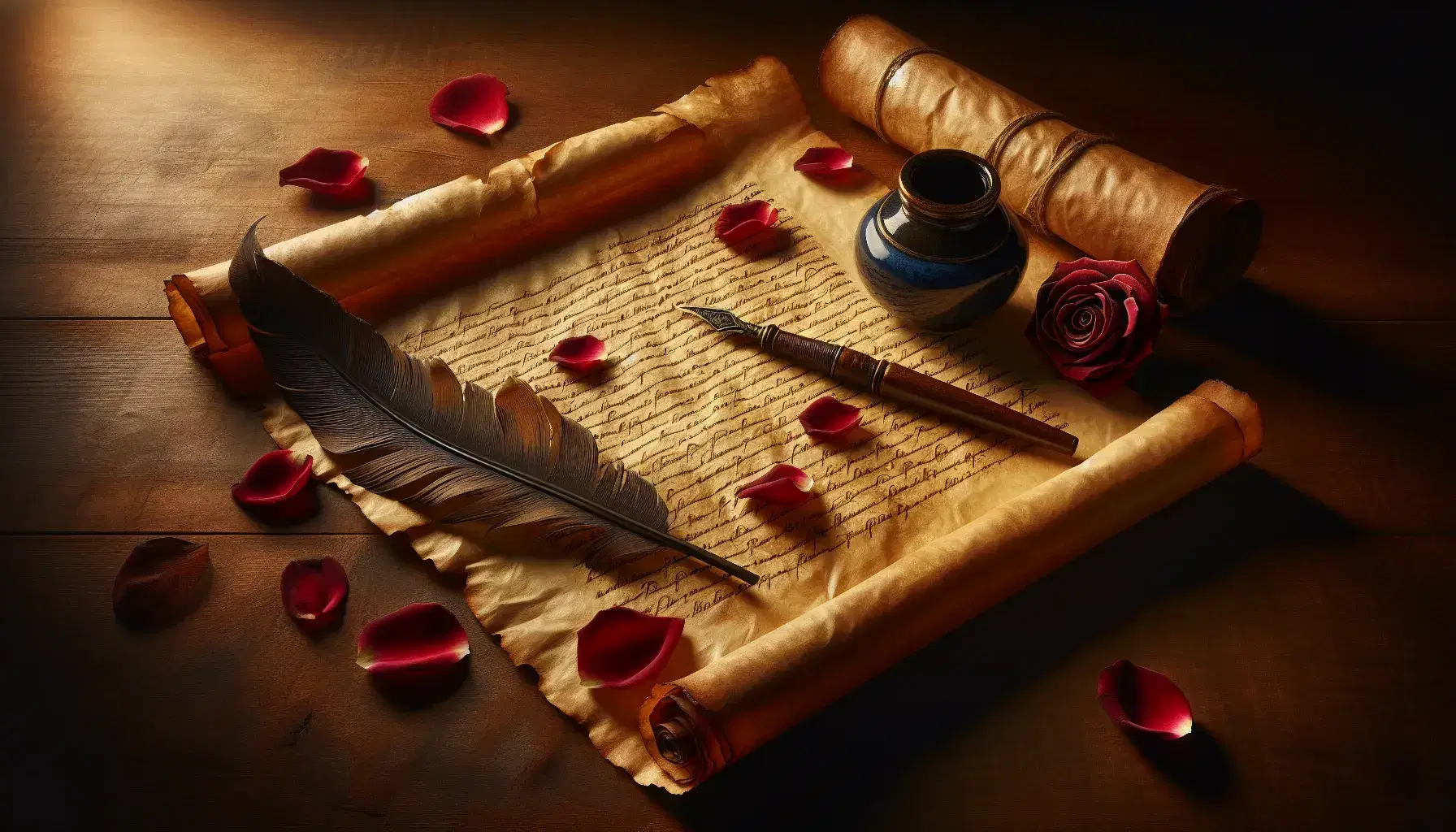 Pergamena antica parzialmente srotolata su sfondo in legno scuro con penna d'oca e calamaio blu cobalto accanto, petali di rosa rossi sparsi.