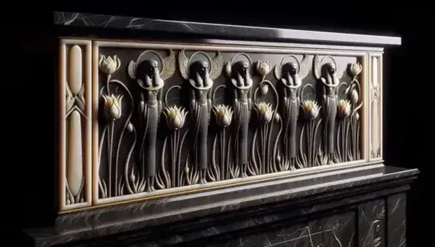 Detail of an Egyptian style fireplace with lotus inlay, golden falcon-like figures and papyrus pipes on polished black granite.