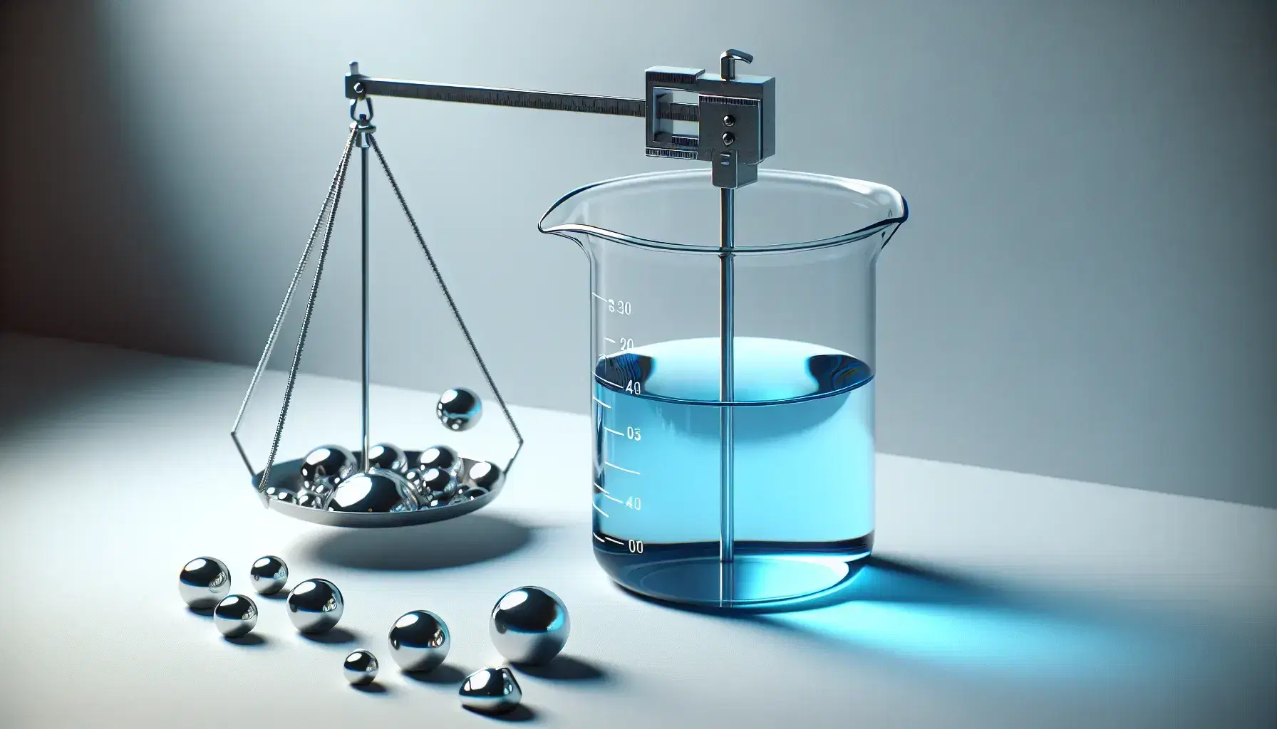 Clear glass beaker with blue liquid on white surface beside balanced mechanical scale with assorted metal weights against light grey background.