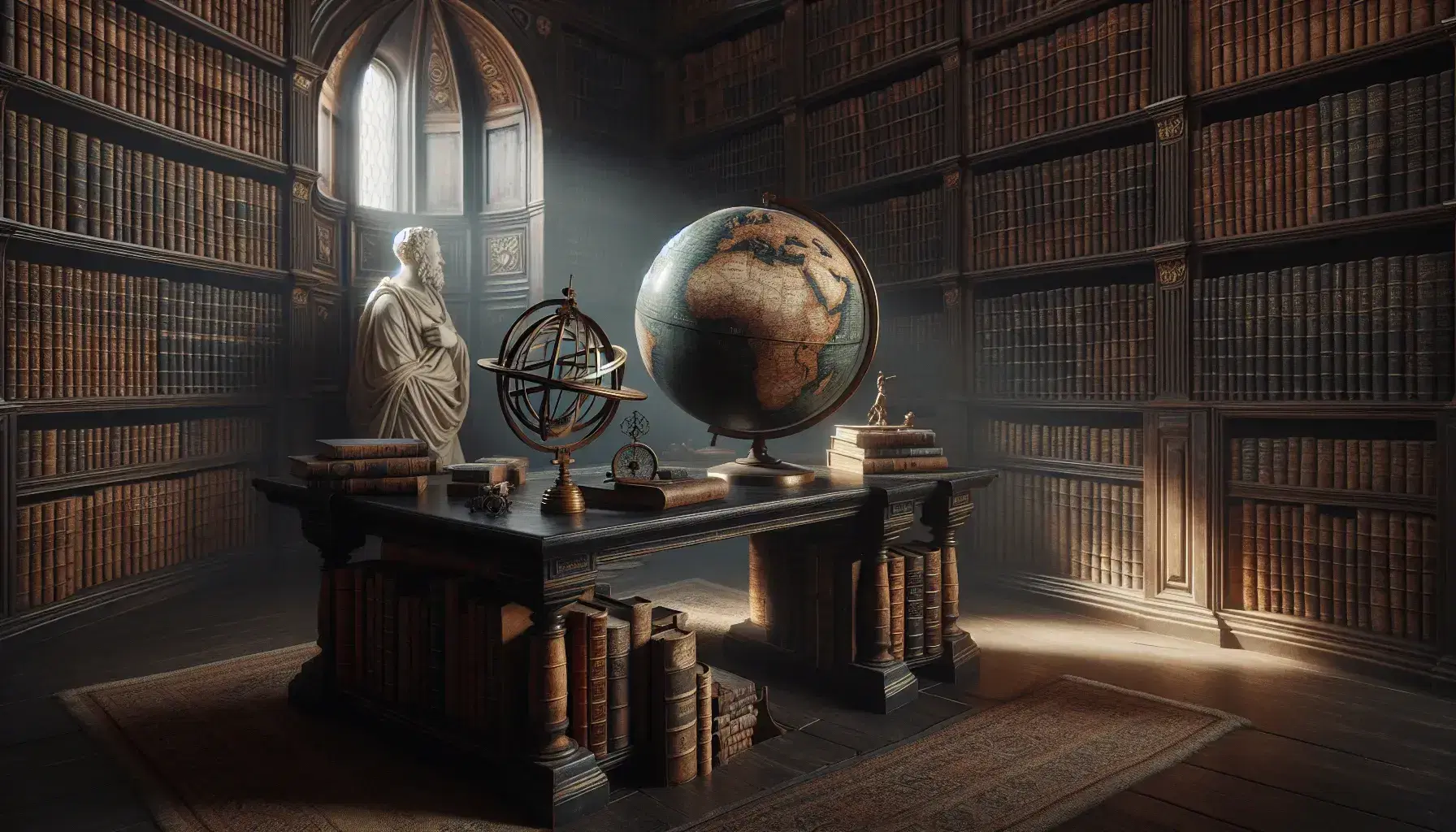 Biblioteca antigua con estantes de madera oscuros llenos de libros, mesa central con globo terráqueo vintage y astrolabe de bronce, iluminada por luz natural a través de ventana arqueada.