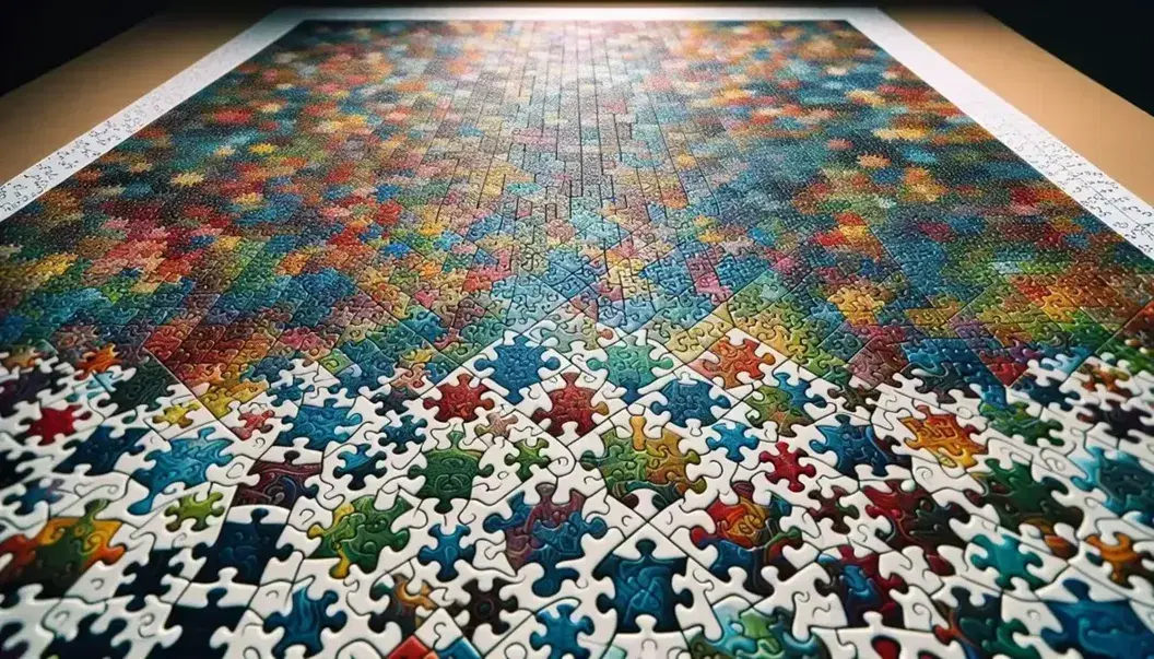 Primer plano de rompecabezas parcialmente armado con piezas coloridas en superficie lisa, destacando un espacio vacío central.