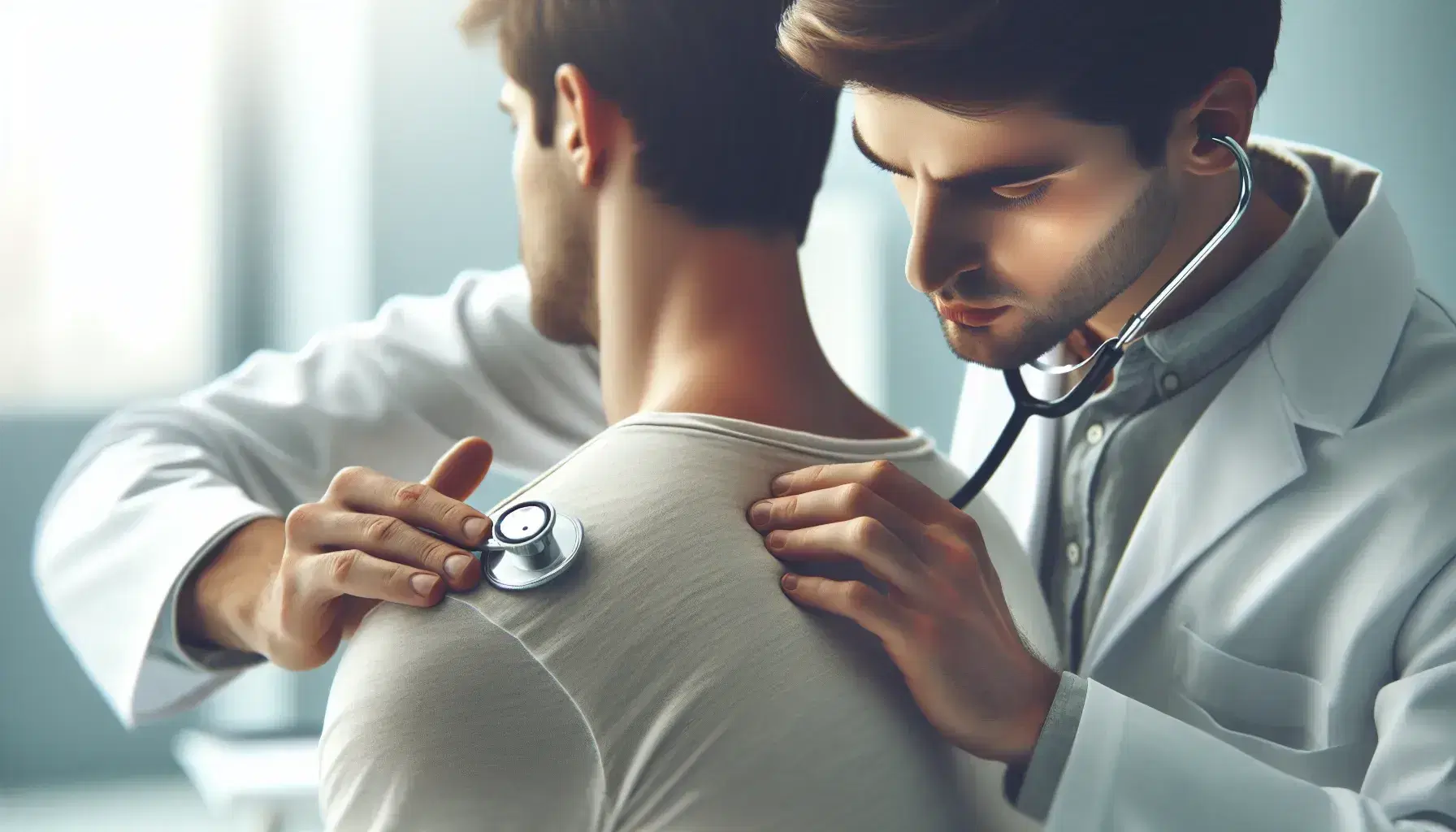 Medico in camice bianco effettua auscultazione toracica a paziente seduto con stetoscopio in ambiente clinico luminoso.