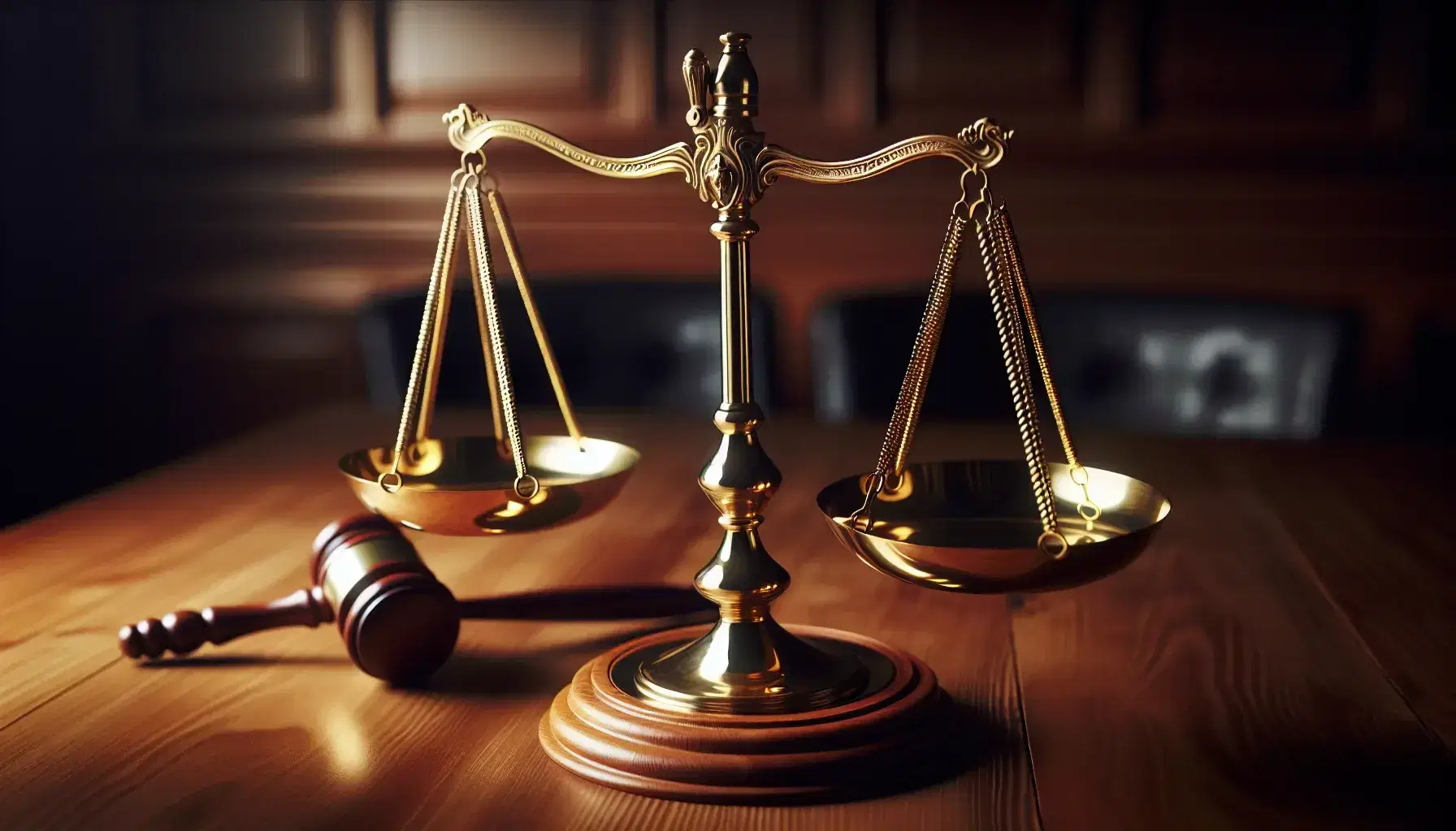 Balanced brass justice scale on wooden surface with judge's gavel in background, symbolizing legal fairness in a courtroom setting.