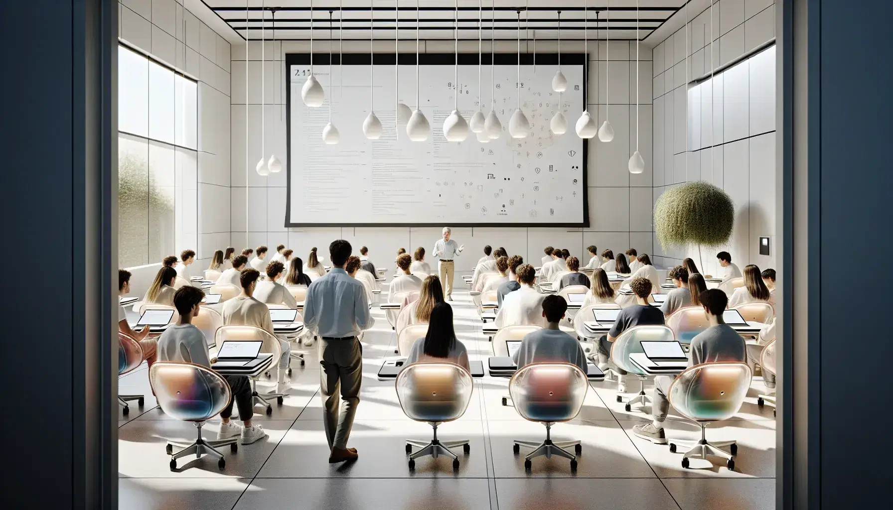 Aula moderna e luminosa al Politecnico di Milano con docente che gestisce lezione e studenti attenti su dispositivi elettronici, senza testi visibili.