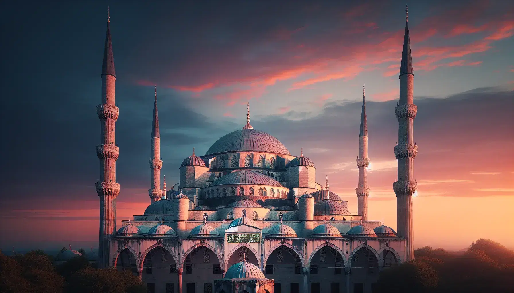 Moschea Blu di Sultanahmet al tramonto con minareti slanciati e cupole grigie illuminate da sfumature rosa-arancio del cielo.