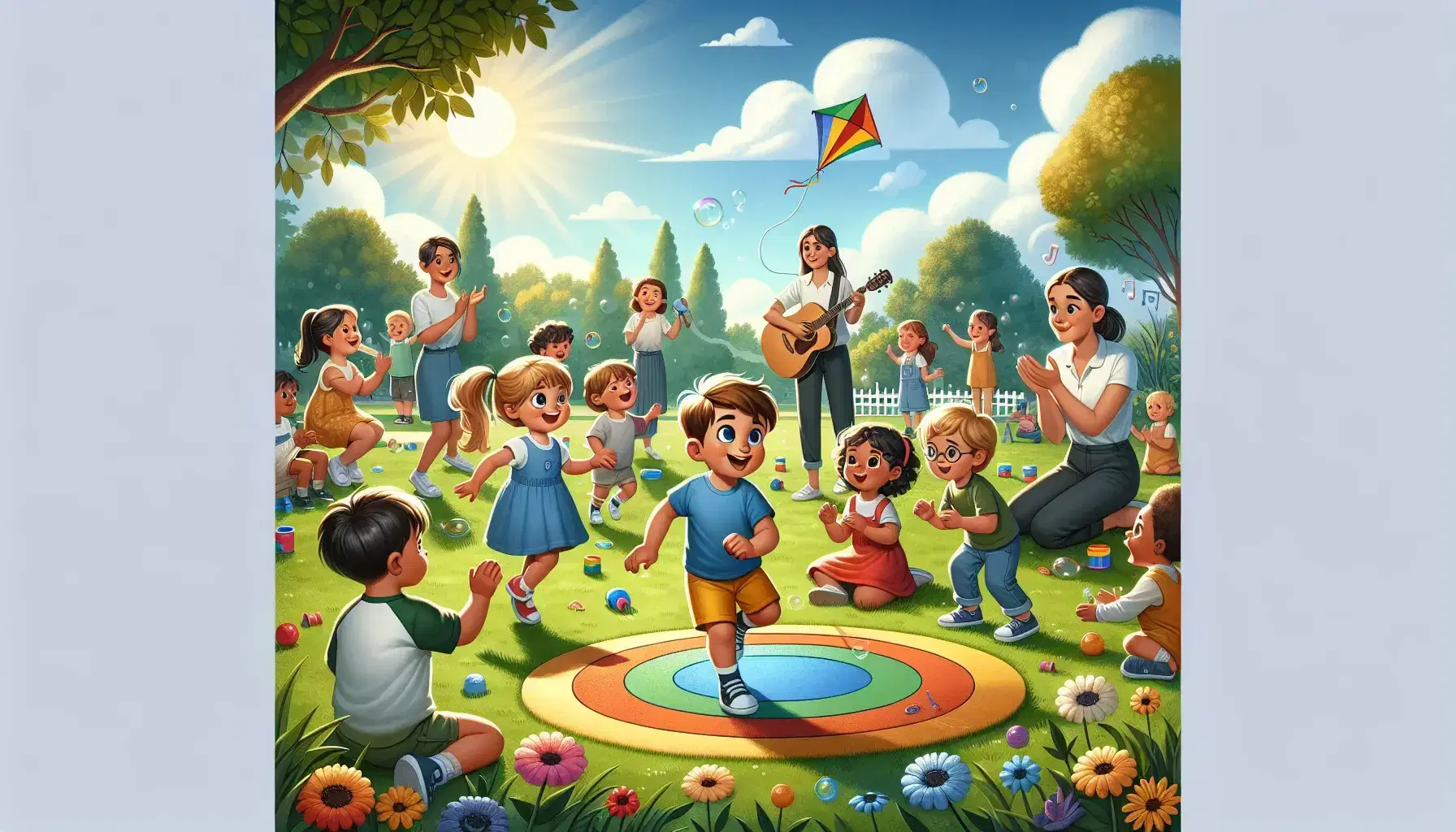 Bambini in età prescolare giocano in un parco soleggiato con salti, bolle di sapone e aquiloni, sotto la supervisione di educatori.