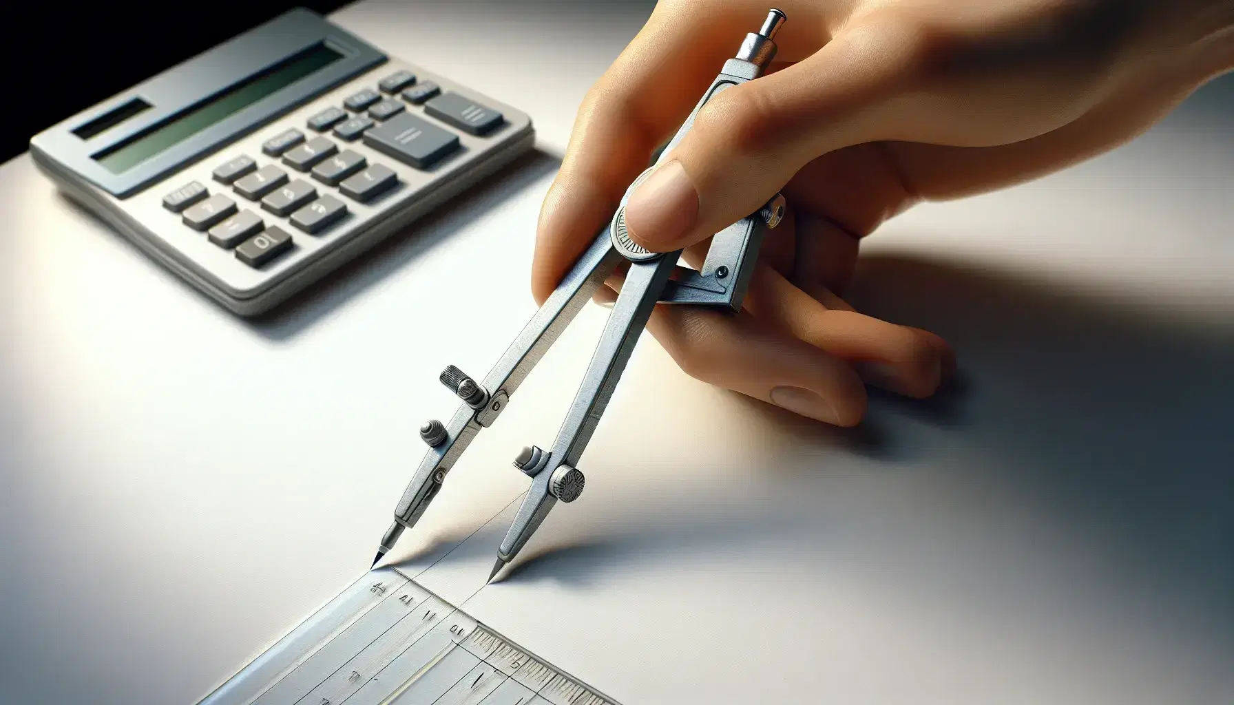 Close-up view of a hand holding a compass over white paper, with a blurred calculator and transparent ruler in the background, indicating a math study setup.