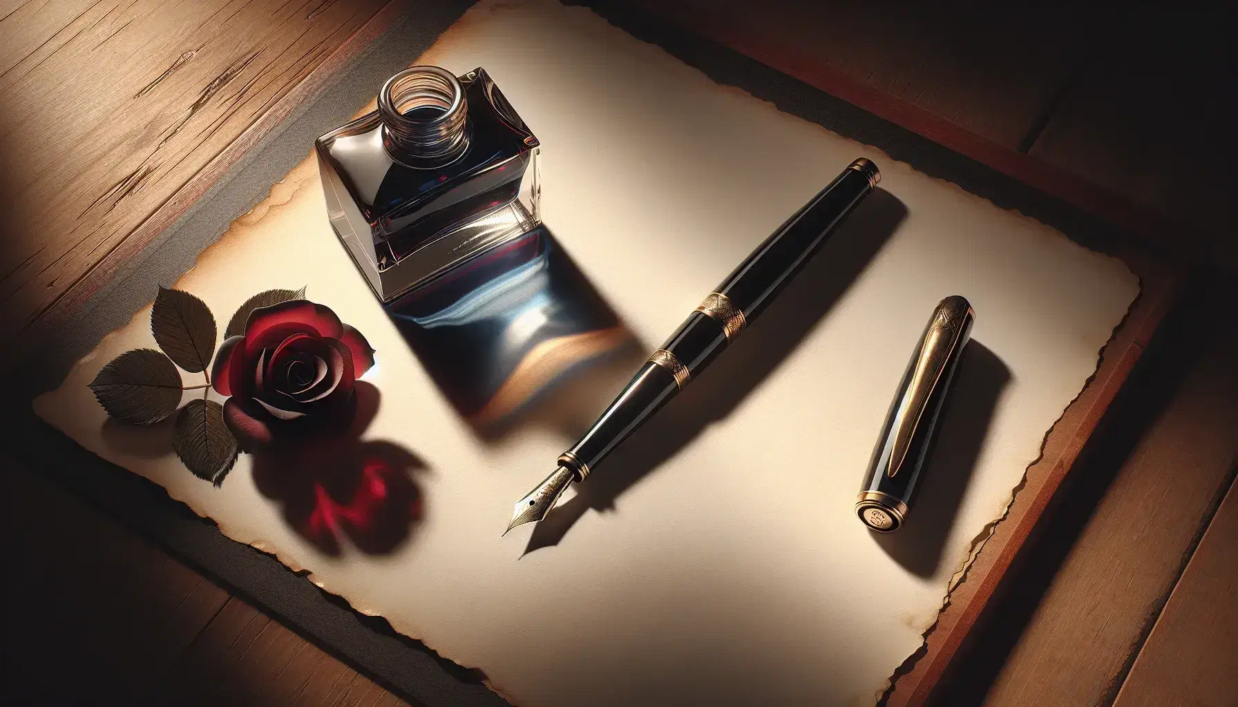 Penna stilografica vintage nera con dettagli dorati su carta ingiallita, accanto a calamaio di vetro con inchiostro blu e rosa rossa sfumata.