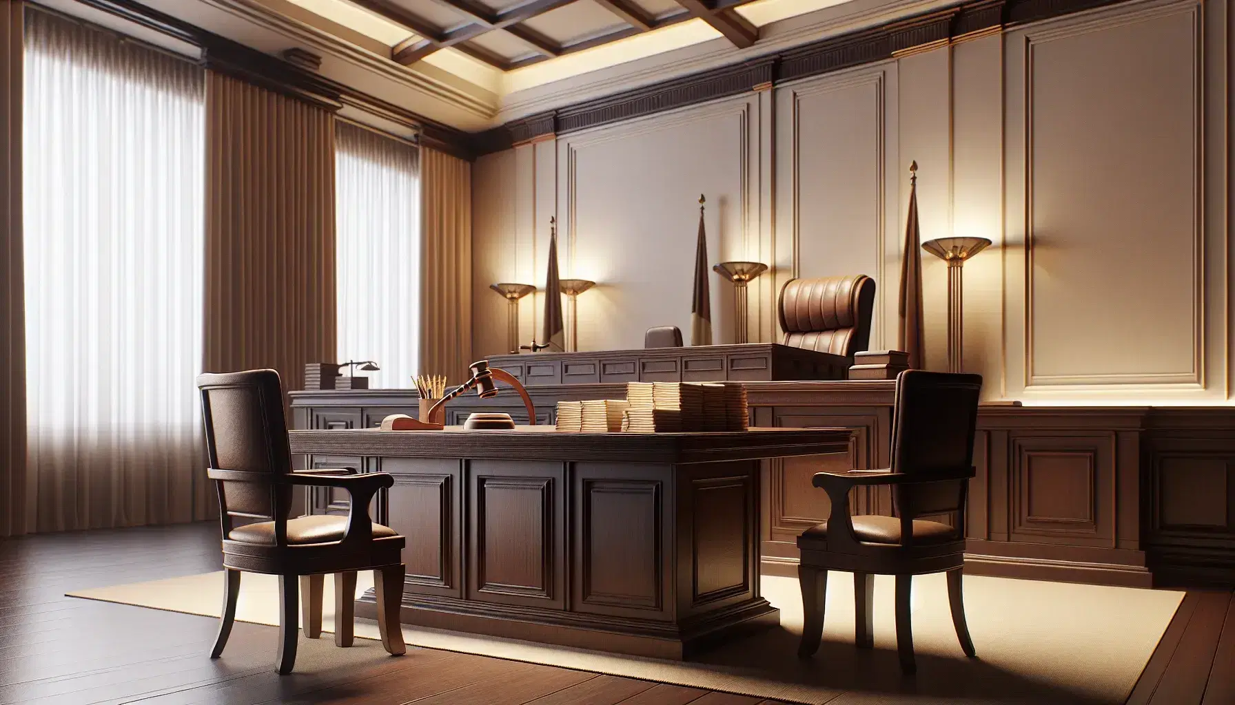 Sala de tribunal con mesa de madera, silla de cuero negro, martillo de juez y bandera a rayas, iluminada por luz natural y artificial.