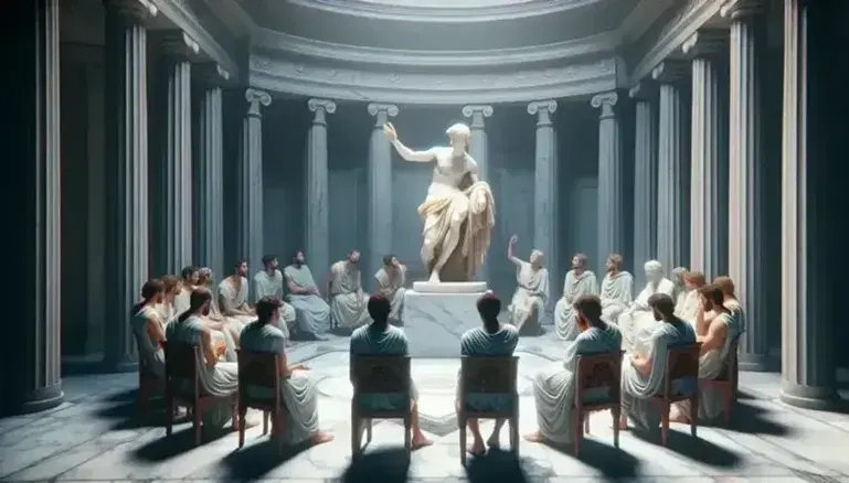 Riunione di persone in toga sedute in cerchio attorno a statua alabastro in posa contemplativa in ambiente classico con sedie intagliate e pavimento marmoreo.