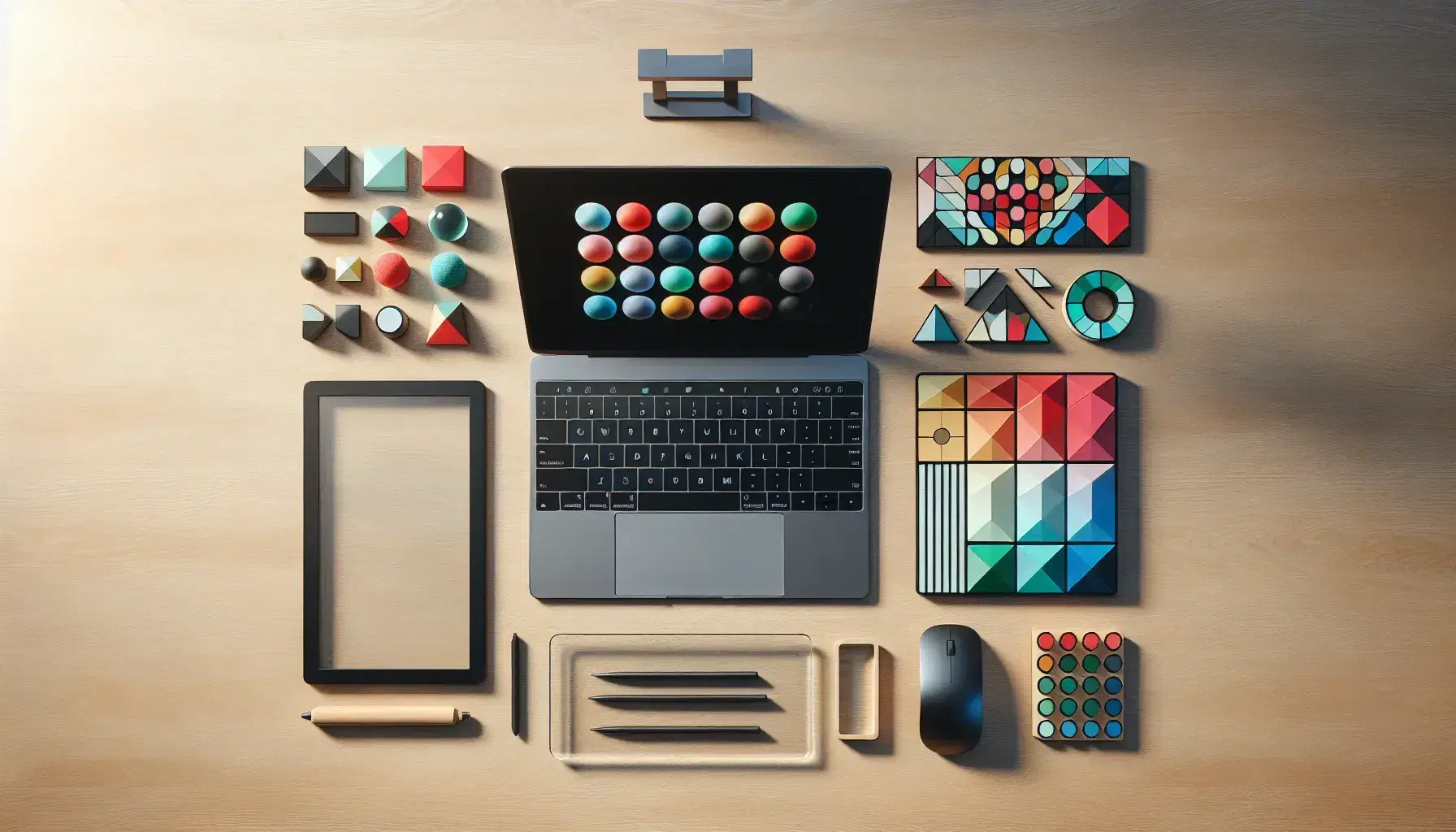 Modern office desk with open laptop, wireless mouse, notebook, pen on paper, colorful geometric shapes, and a potted plant on a wooden surface.