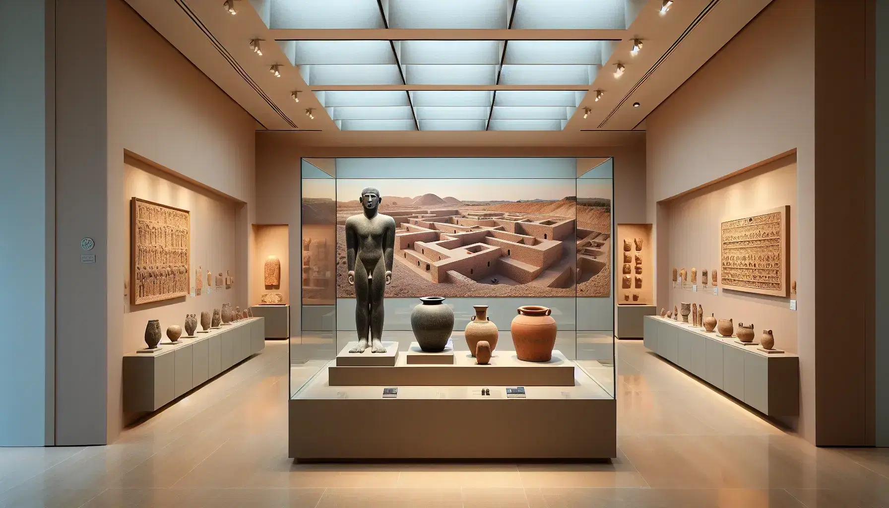 Sala de museo con figura antropomórfica en piedra gris, estatua de bronce y objetos cerámicos en vitrinas, y foto de sitio arqueológico en pared.