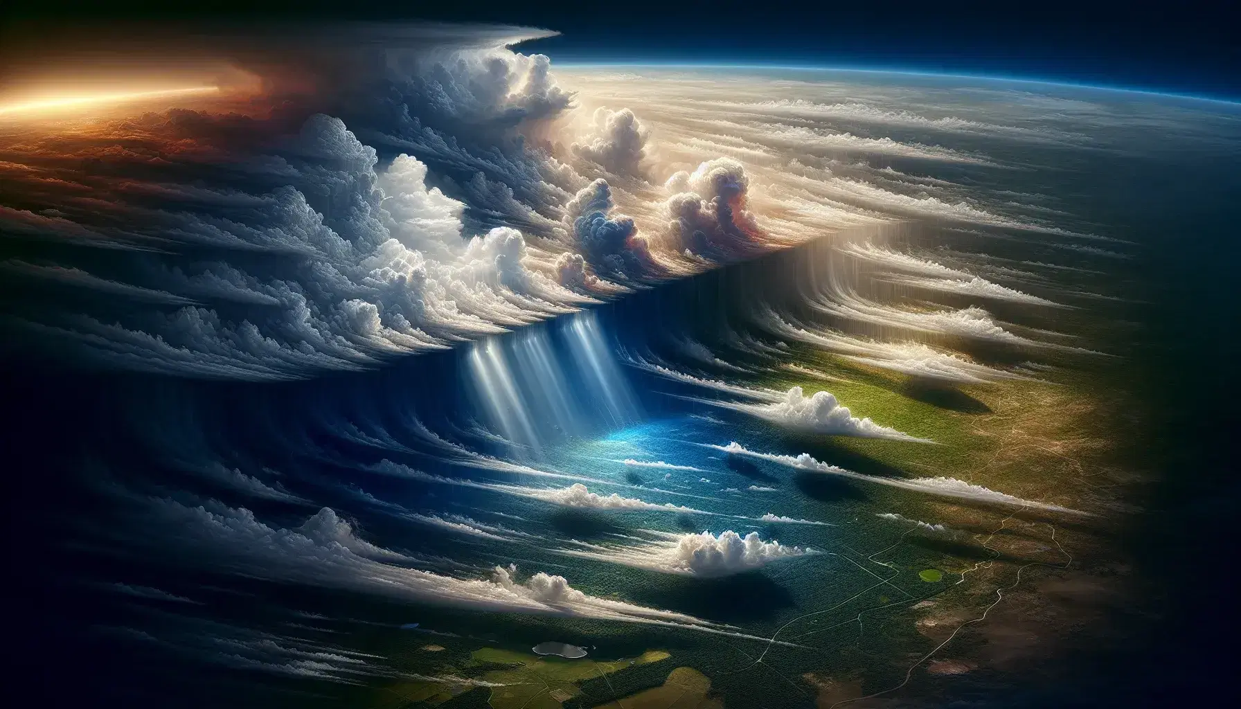 Paesaggio aereo con nuvole soffici e filamenti su cielo azzurro, raggio di sole illumina terra verde con zone scure, senza simboli.