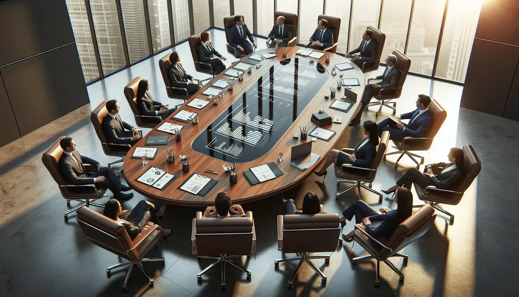 Diverse team of professionals engaged in a financial meeting around an oval conference table with documents and laptops in a bright office.