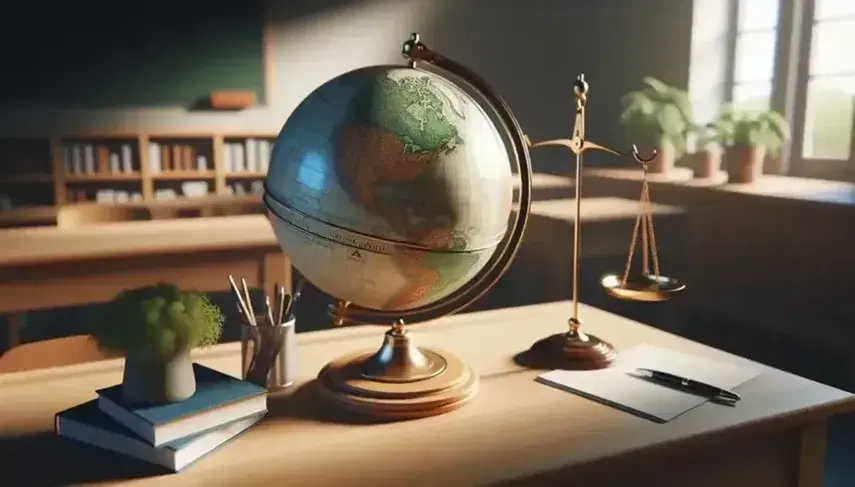 Scrivania in legno chiaro con globo terrestre, bilancia della giustizia in ottone e microfono nero, pianta verde sullo sfondo.