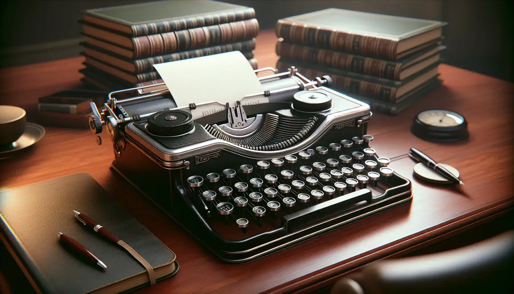 Vintage black typewriter with blank paper on a polished mahogany desk, accompanied by a leather notebook, fountain pen, and a blurred potted plant in the background.