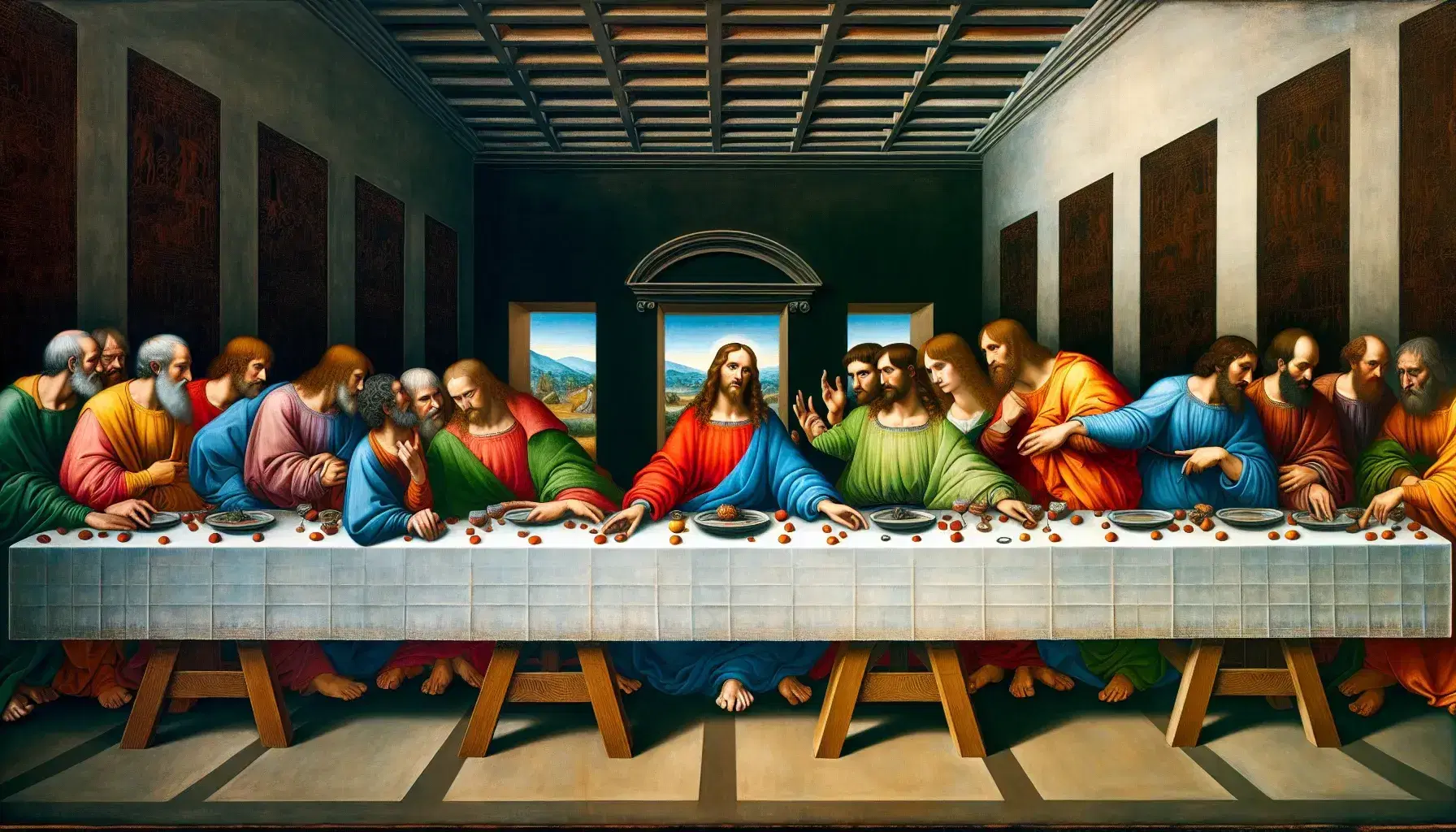 Rappresentazione fedele de "L'Ultima Cena" di Leonardo da Vinci con Gesù e Apostoli attorno a un tavolo, in abiti colorati e architettura rinascimentale.