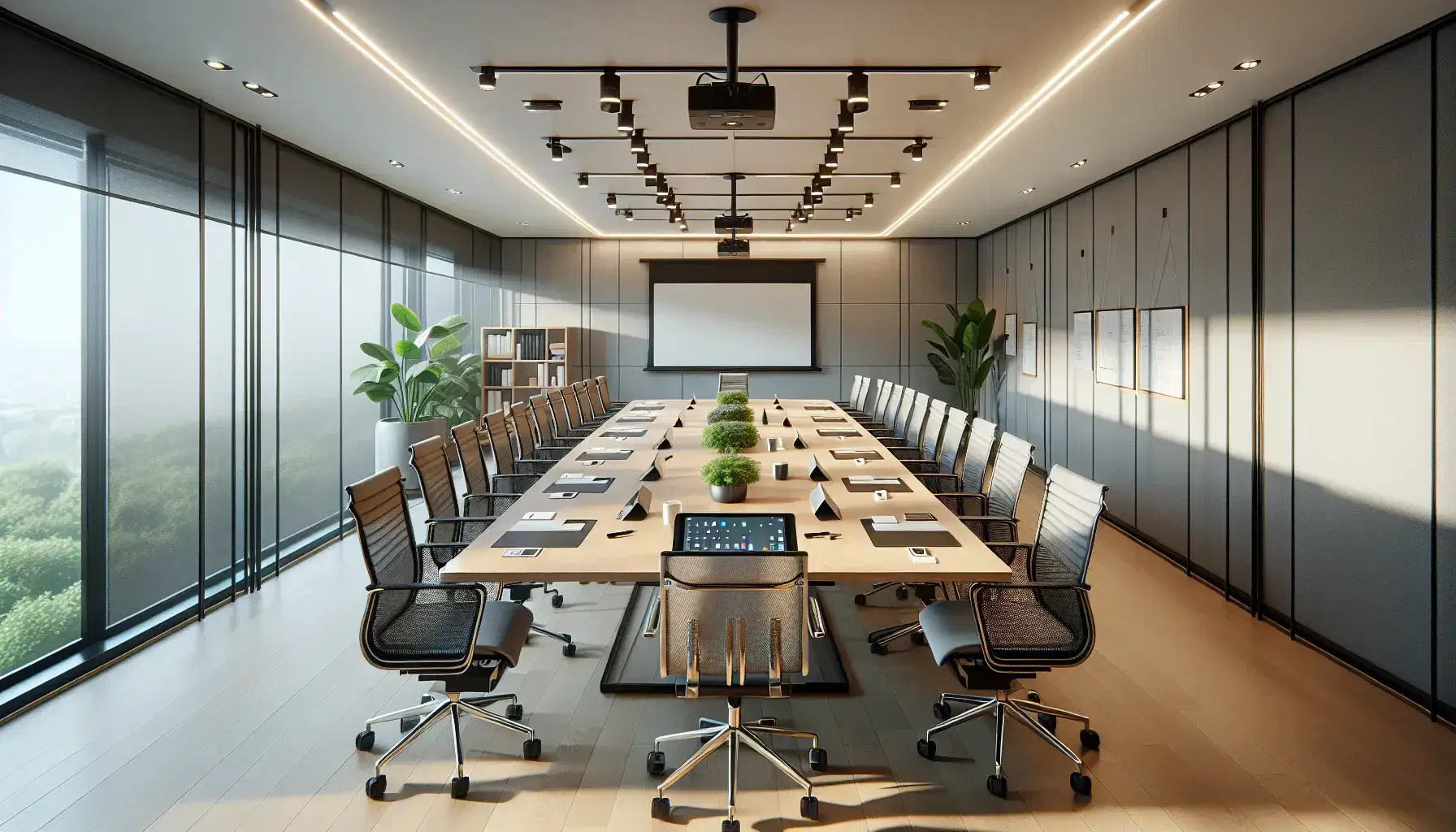 Sala de reuniones moderna con mesa de madera, sillas ergonómicas, dispositivos electrónicos y pizarra blanca, iluminada natural y artificialmente.
