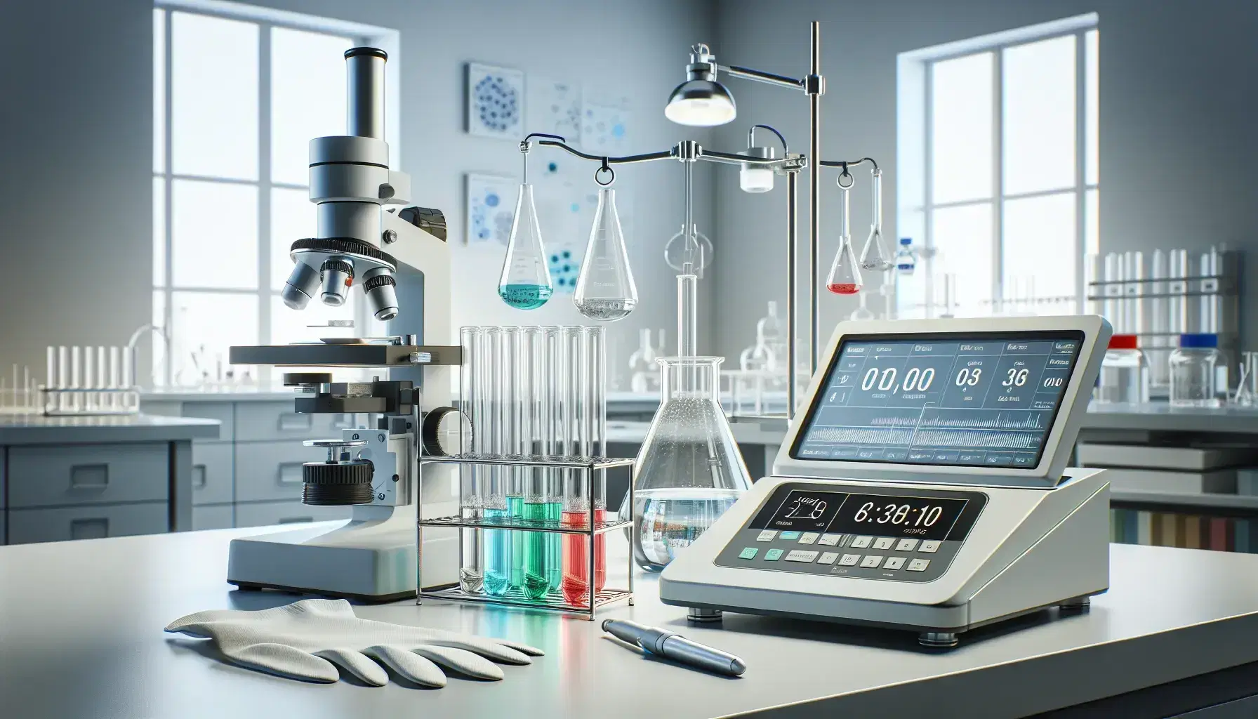 Laboratorio científico moderno con microscopio plateado, tubos de ensayo con líquidos de colores y balanza digital en fondo iluminado uniformemente.