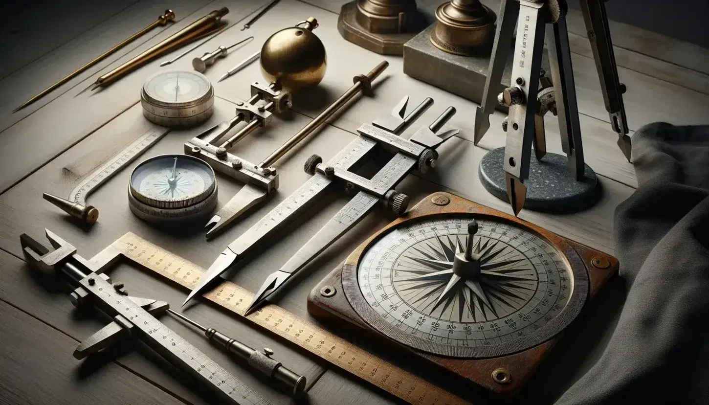 Colección de instrumentos de medición antiguos y modernos sobre superficie de madera clara, incluyendo compás metálico, regla de madera, calibre vernier, reloj de sol y sextante de bronce.