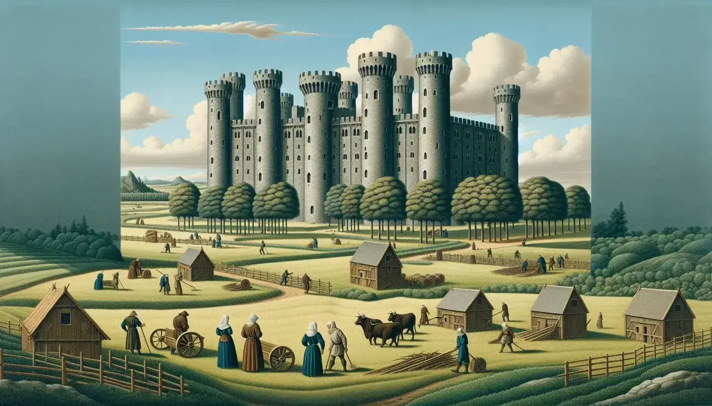 Castillo medieval de piedra gris con torres altas y almenas bajo un cielo azul con nubes, rodeado de campos verdes con campesinos trabajando y un camino de tierra.