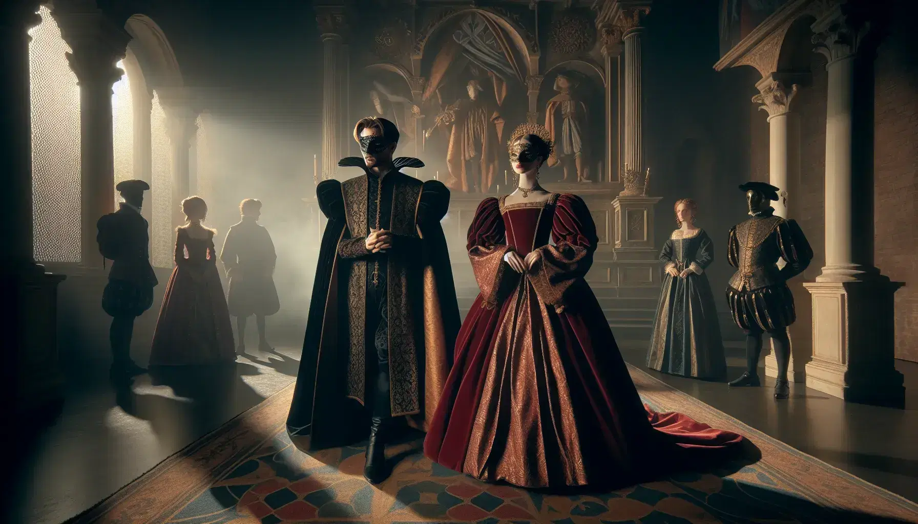 Scena teatrale del XV secolo con uomo mascherato in costume scuro e donna in abito rosso velluto, su sfondo di palazzo ducale.