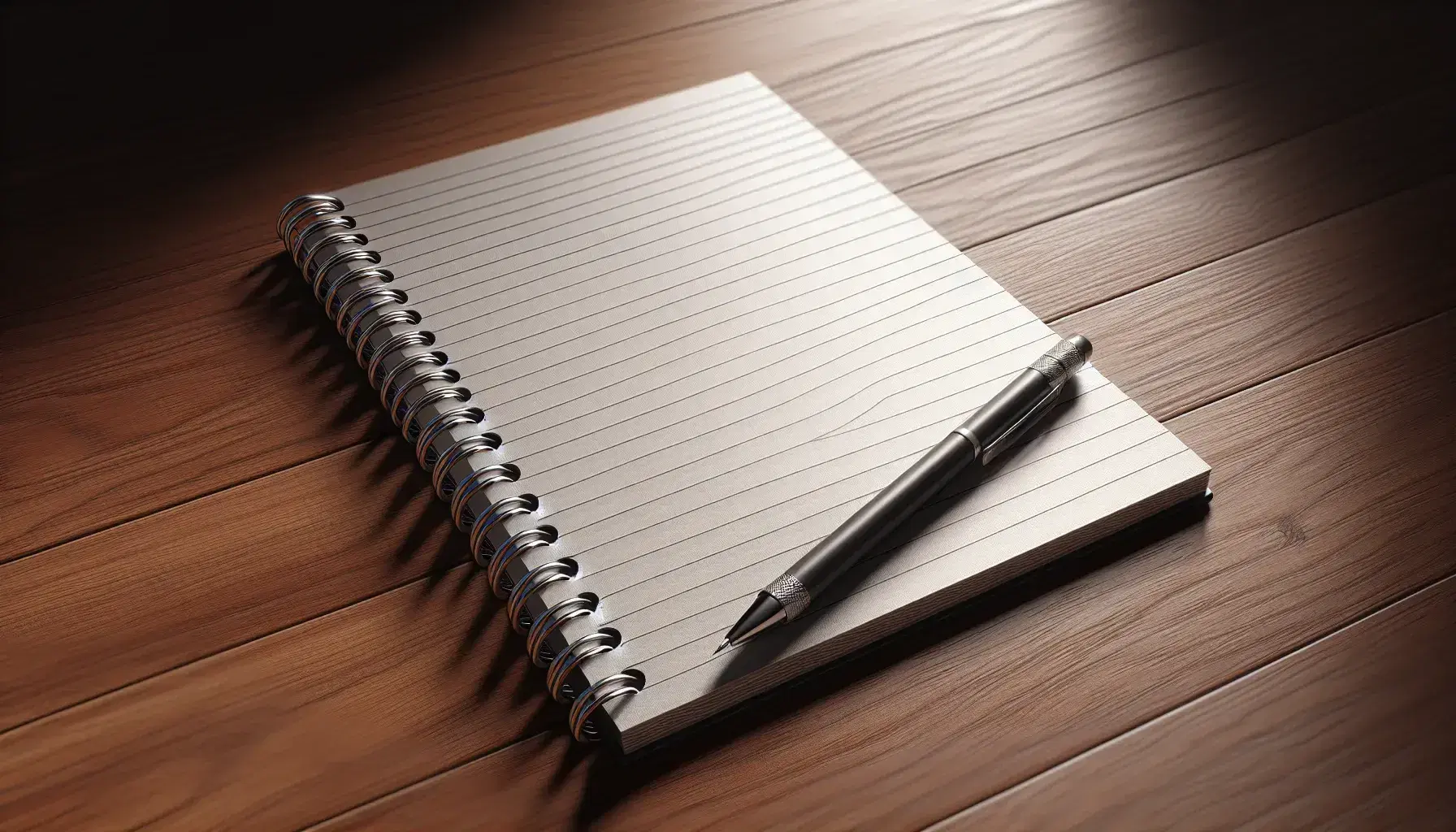 Spiral notebook with blank pages and mechanical pencil on wooden desk, metallic reflections and soft shadows.