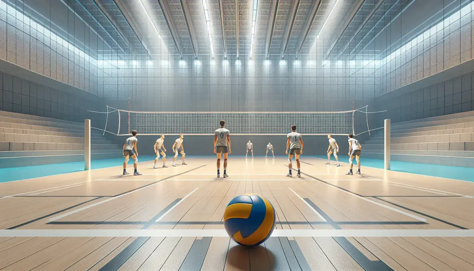 Cancha de voleibol con jugadores en posición de recepción y uno preparándose para sacar, red central y balón en mano bajo iluminación artificial.