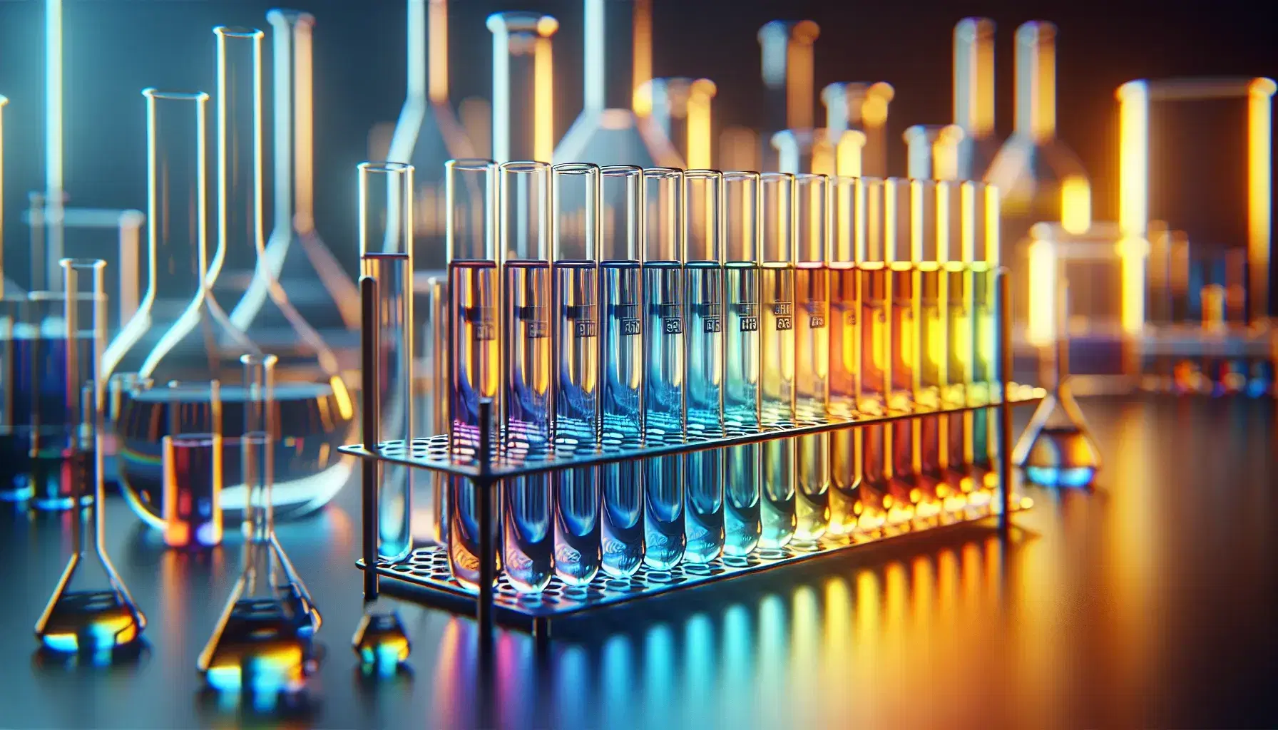 Provette in vetro trasparente con soluzioni colorate in sfumature arcobaleno su supporto metallico in laboratorio scientifico.