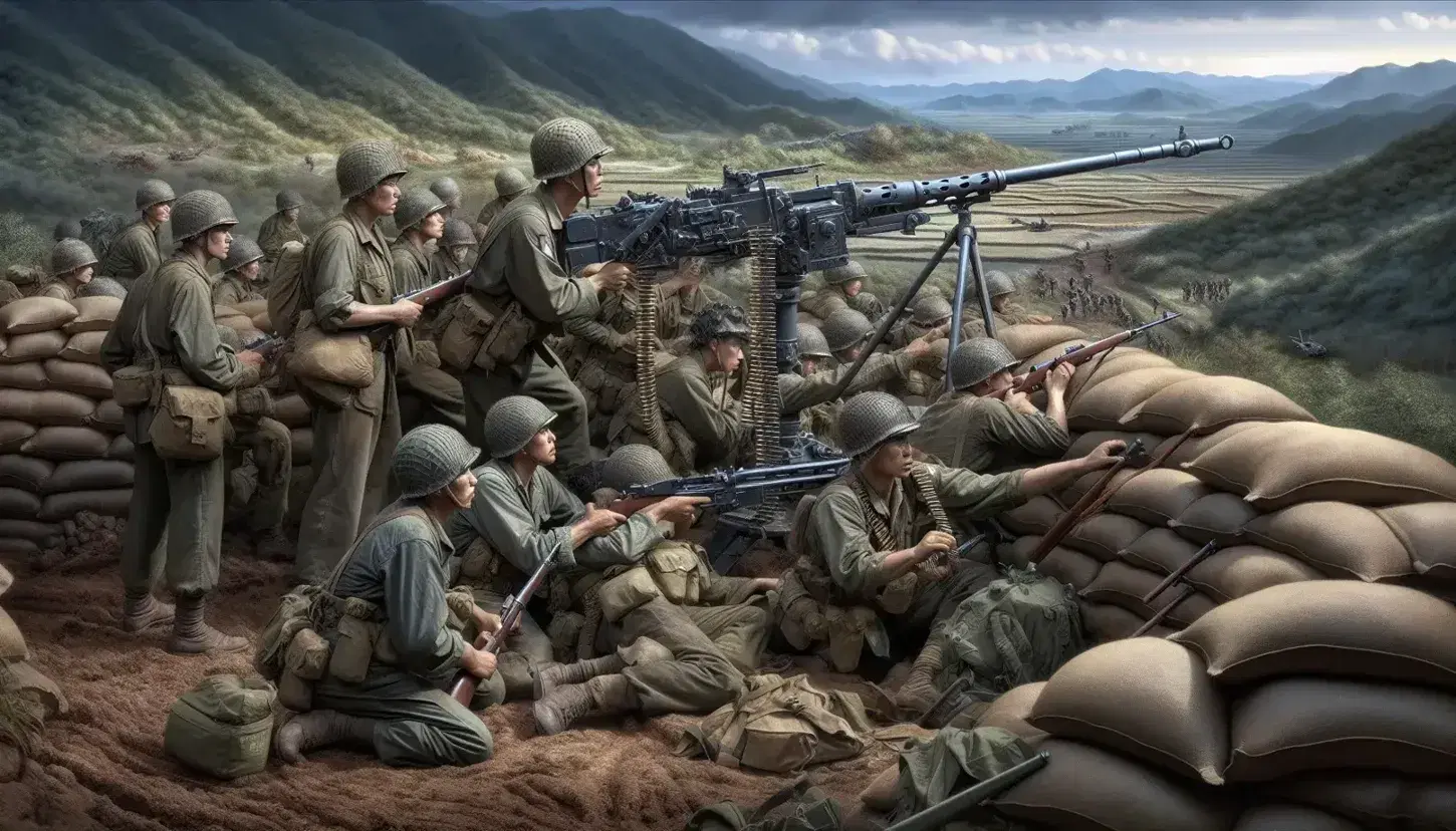 American soldiers in olive drab gear crouch behind sandbags in mountainous terrain, operating M1 Garand rifles and a .30 caliber machine gun during the Korean War.