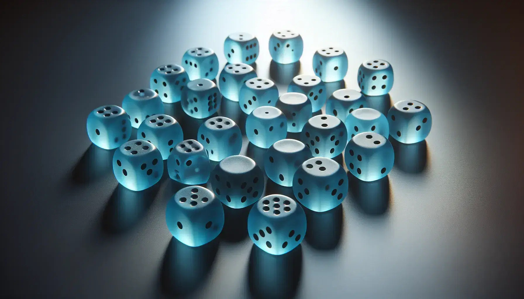 Translucent blue dice spread across a matte black surface, with numbers from one to six visible and light shadows creating a floating effect.