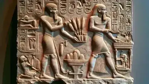 Egyptian relief from the Old Kingdom with man in profile carrying offerings, carved in beige limestone, finely engraved details.