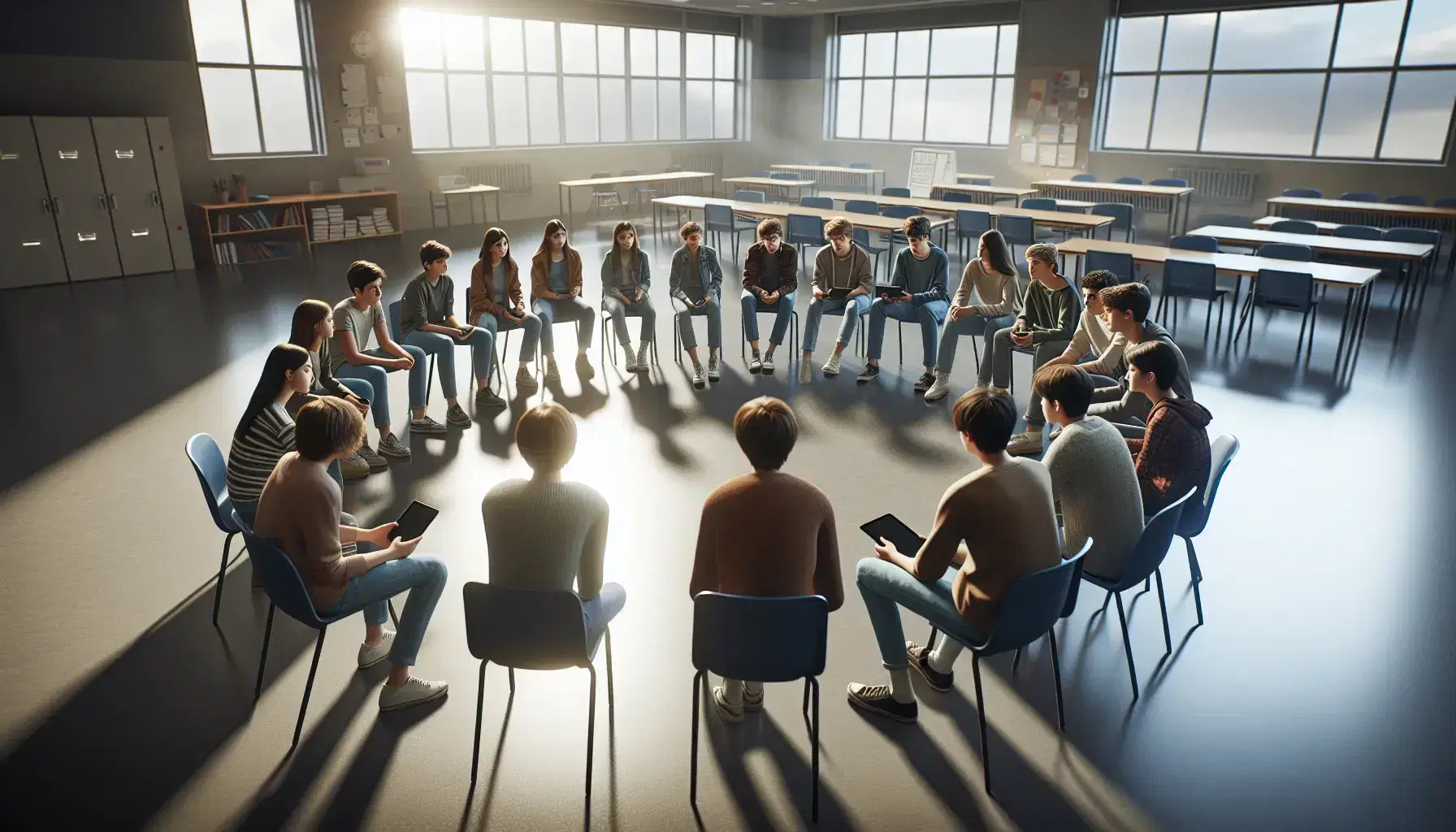 Gruppo di adolescenti seduti in cerchio per una discussione in aula scolastica, con luce naturale e arredamento neutro.