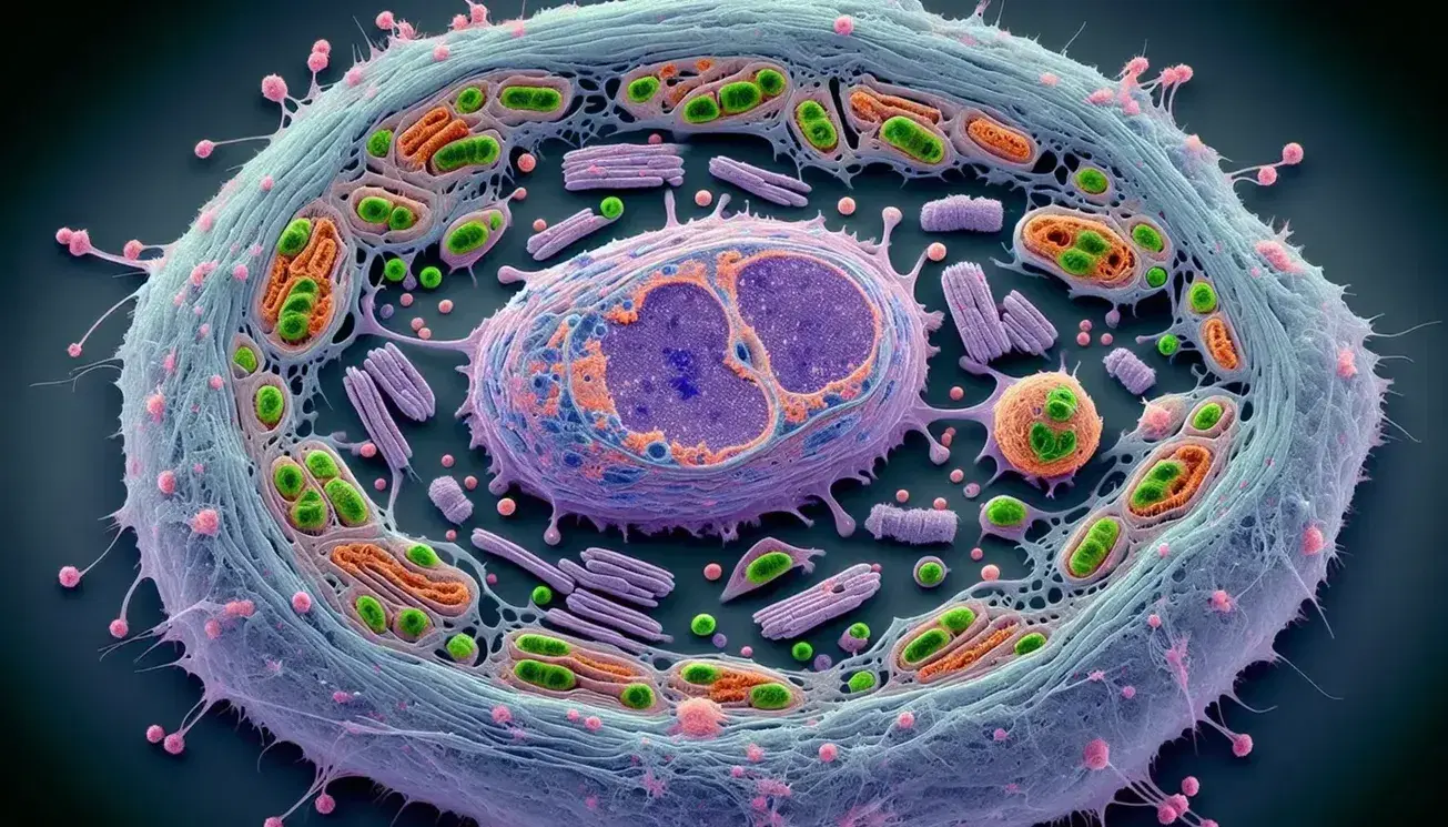 Vista microscópica de célula eucariota con orgánulos coloreados: núcleo morado, mitocondrias naranjas, puntos verdes de lisosomas, retículo endoplásmico azul y citoesqueleto gris.