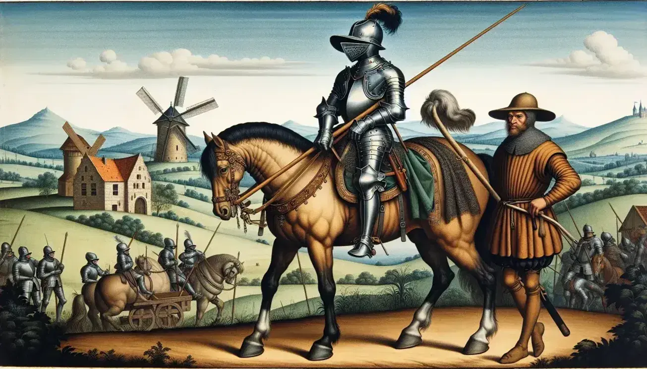 Cavaliere del XVI secolo in armatura su cavallo marrone chiaro con scudiero in abiti semplici, paesaggio campestre con mulini a vento sullo sfondo.